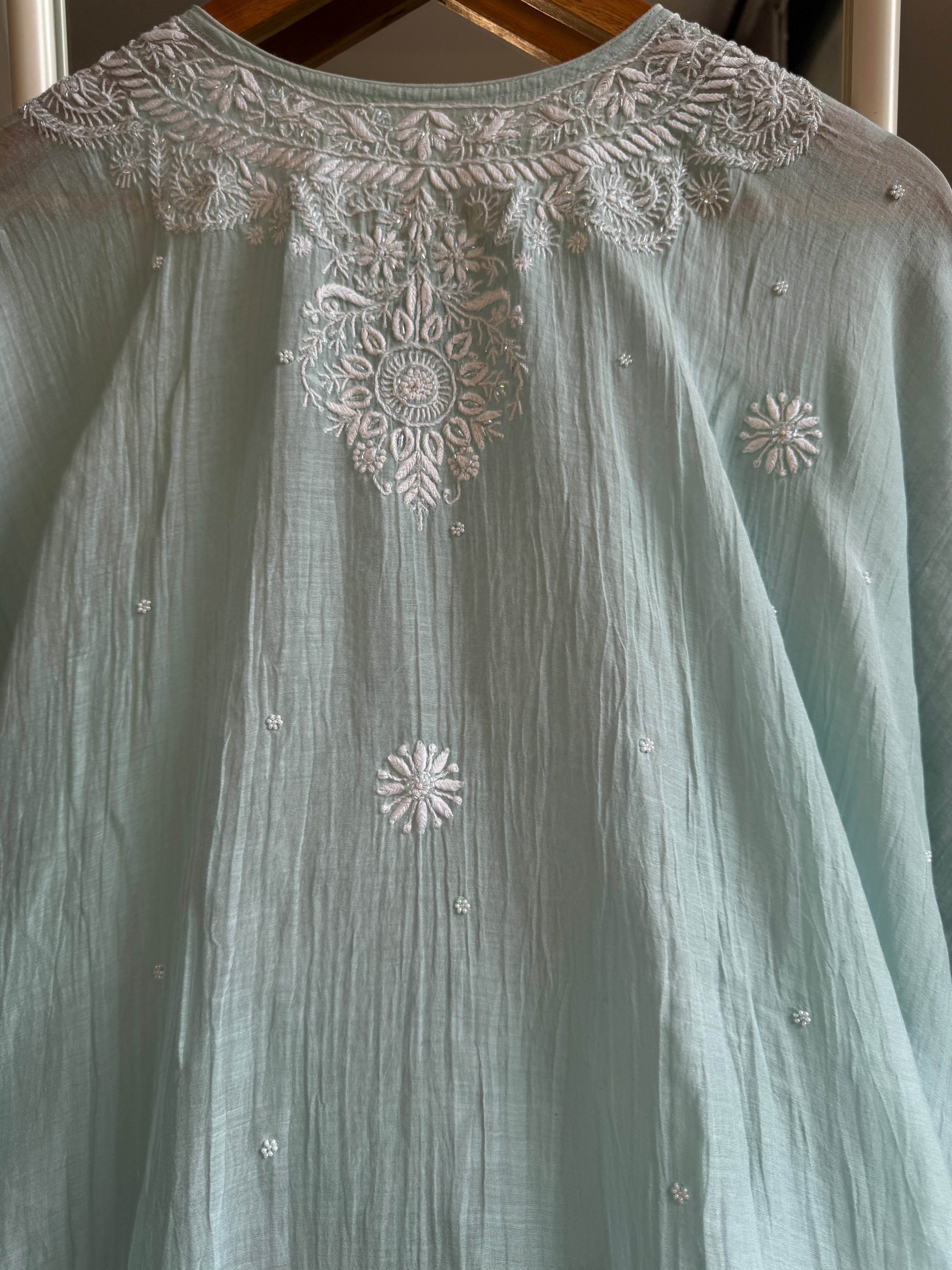 Mul Chanderi Chikankari Kaftan - Sea Blue ARIAA CHIKANKARI