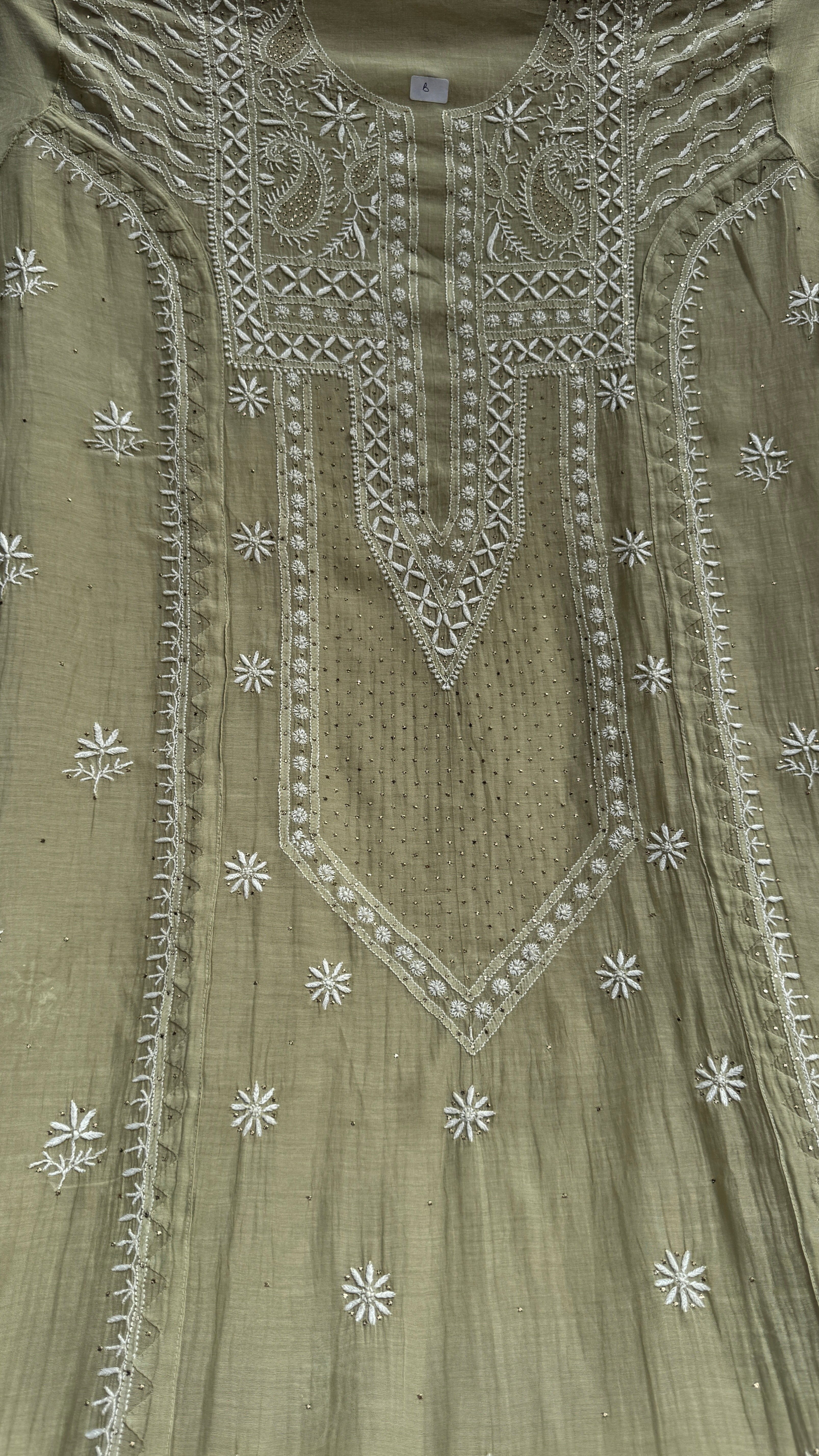 Mul Chanderi Chikankari Unstitched Length with Dupatta with Mukaish Add-On- Sheen Green