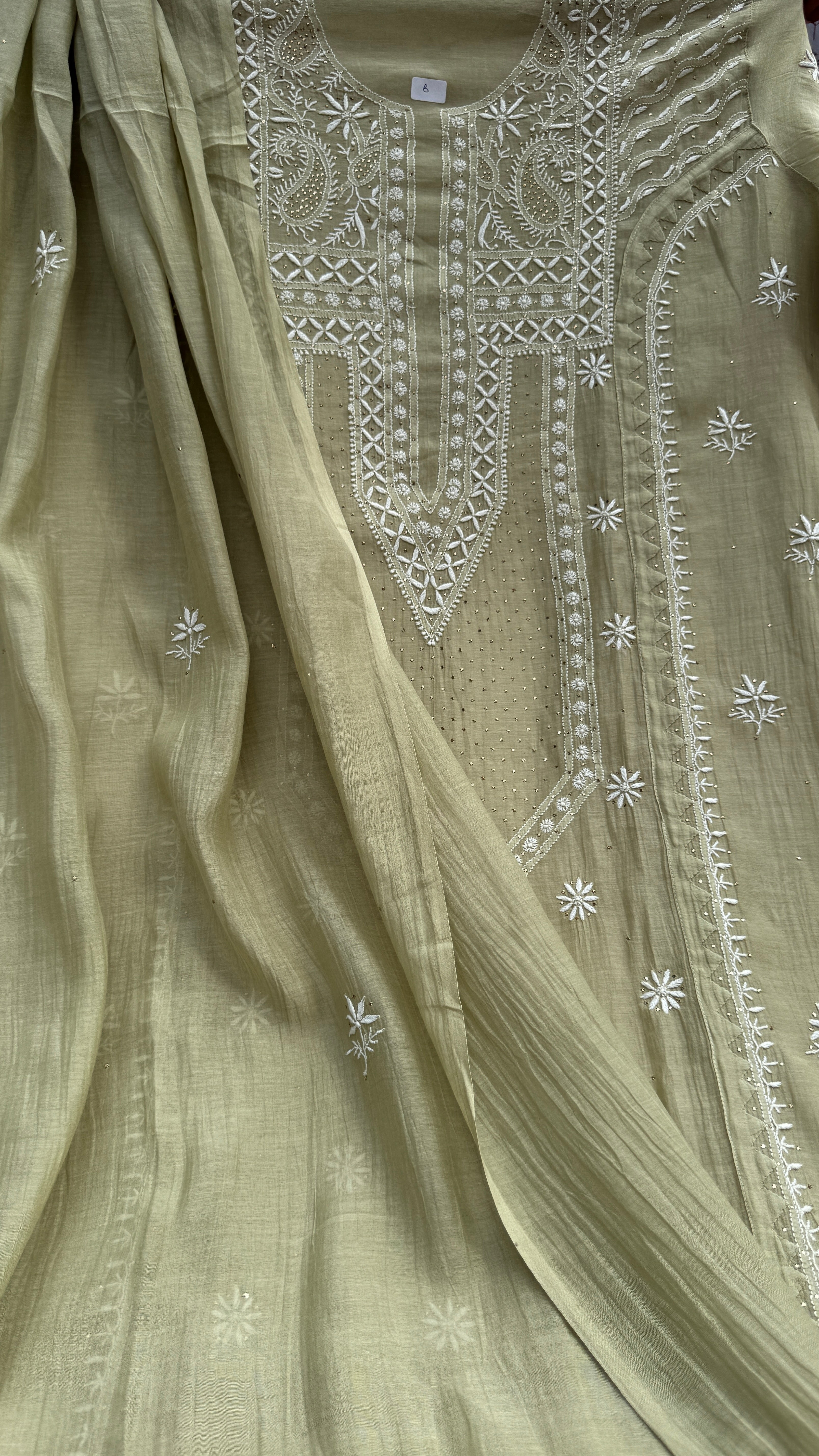 Mul Chanderi Chikankari Unstitched Length with Dupatta with Mukaish Add-On- Sheen Green