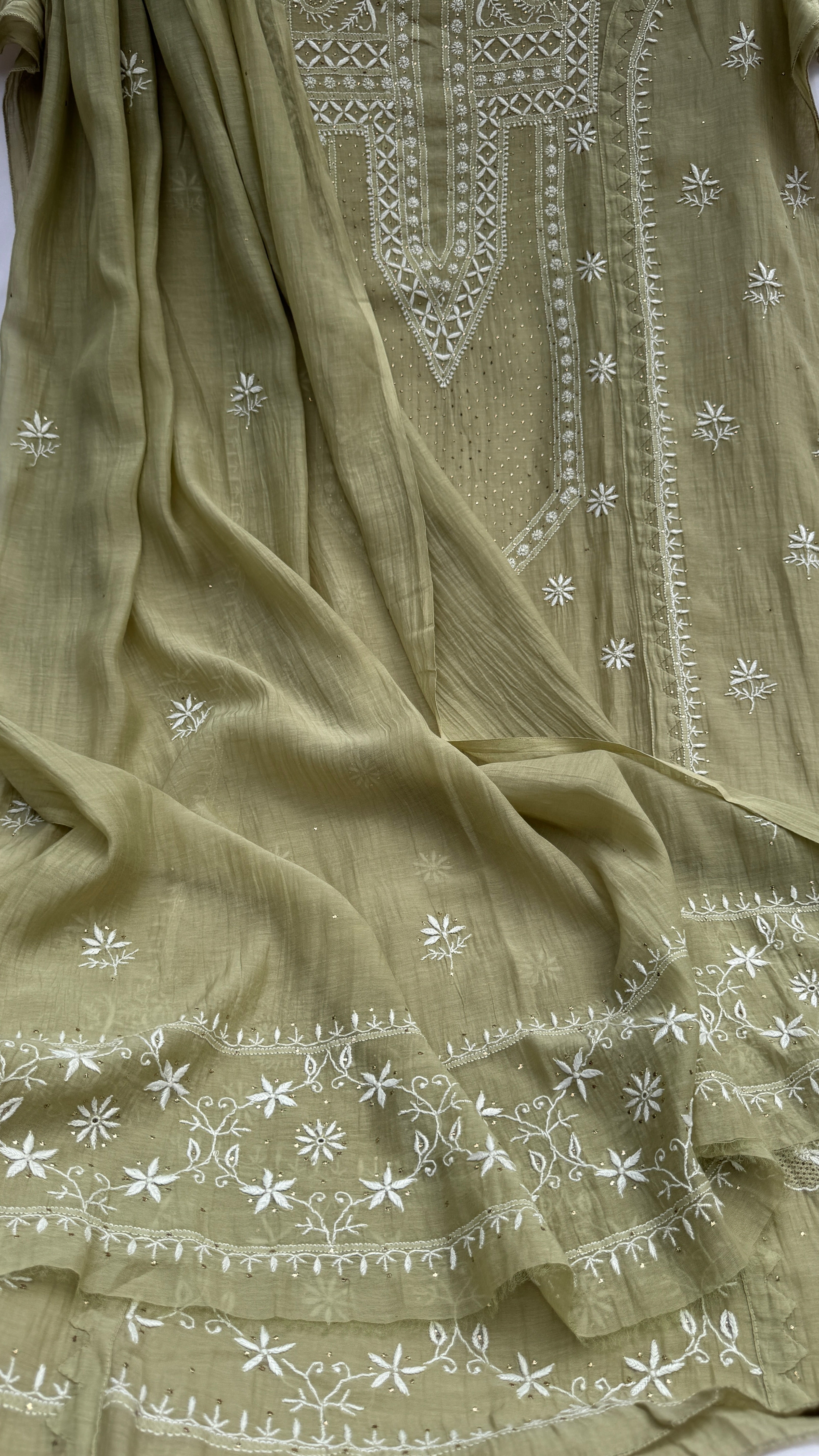 Mul Chanderi Chikankari Unstitched Length with Dupatta with Mukaish Add-On- Sheen Green