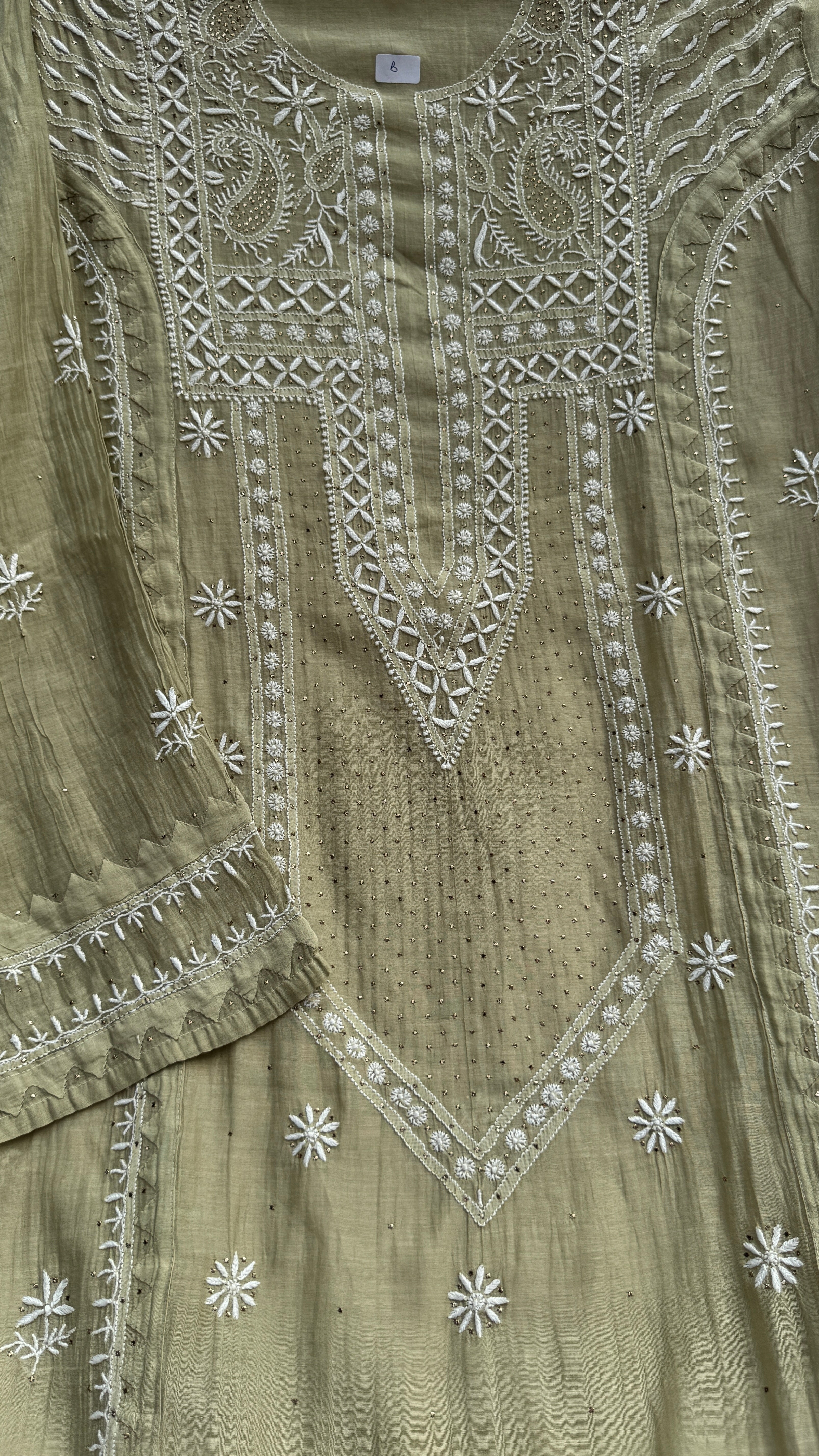 Mul Chanderi Chikankari Unstitched Length with Dupatta with Mukaish Add-On- Sheen Green