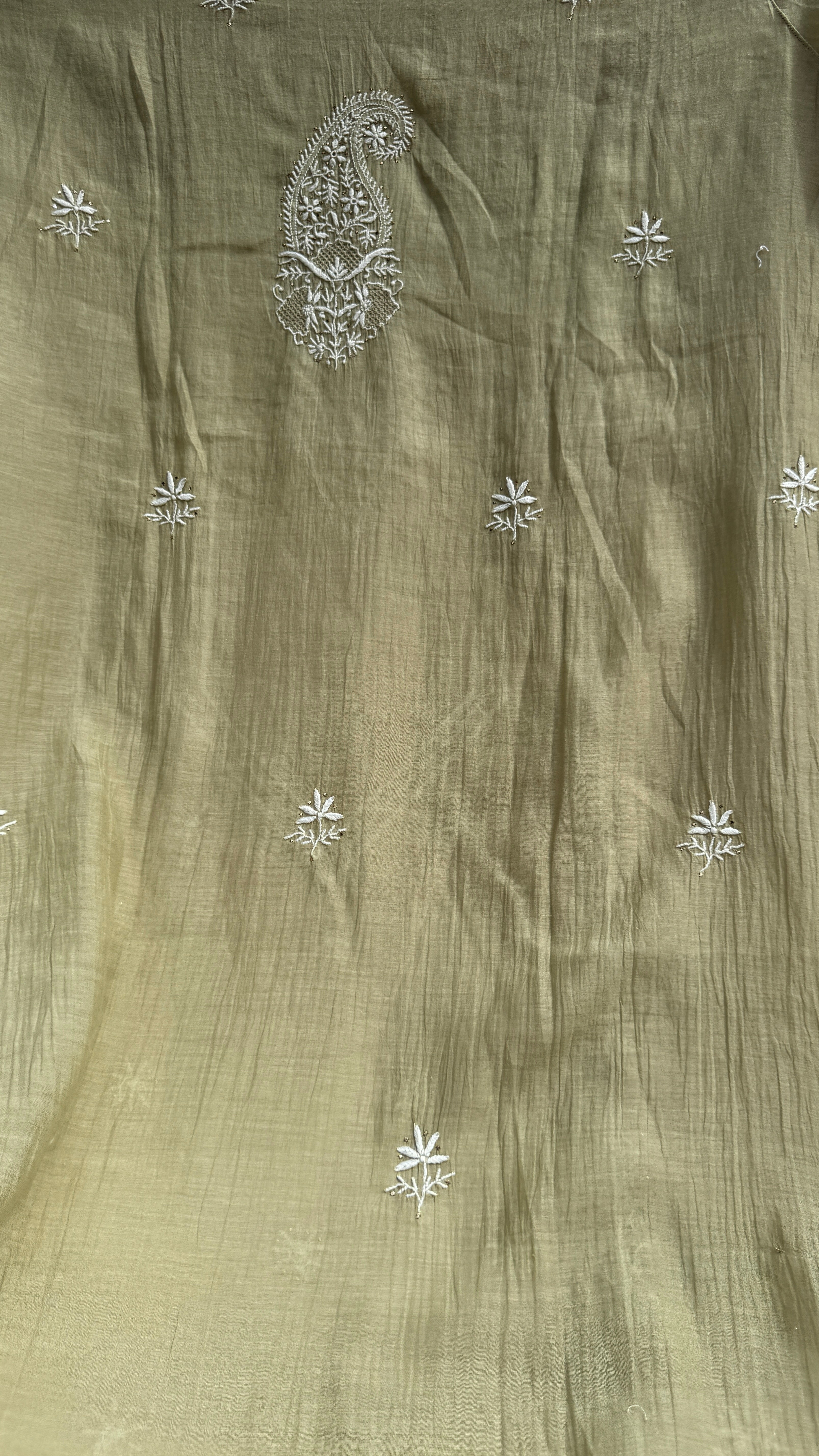 Mul Chanderi Chikankari Unstitched Length with Dupatta with Mukaish Add-On- Sheen Green
