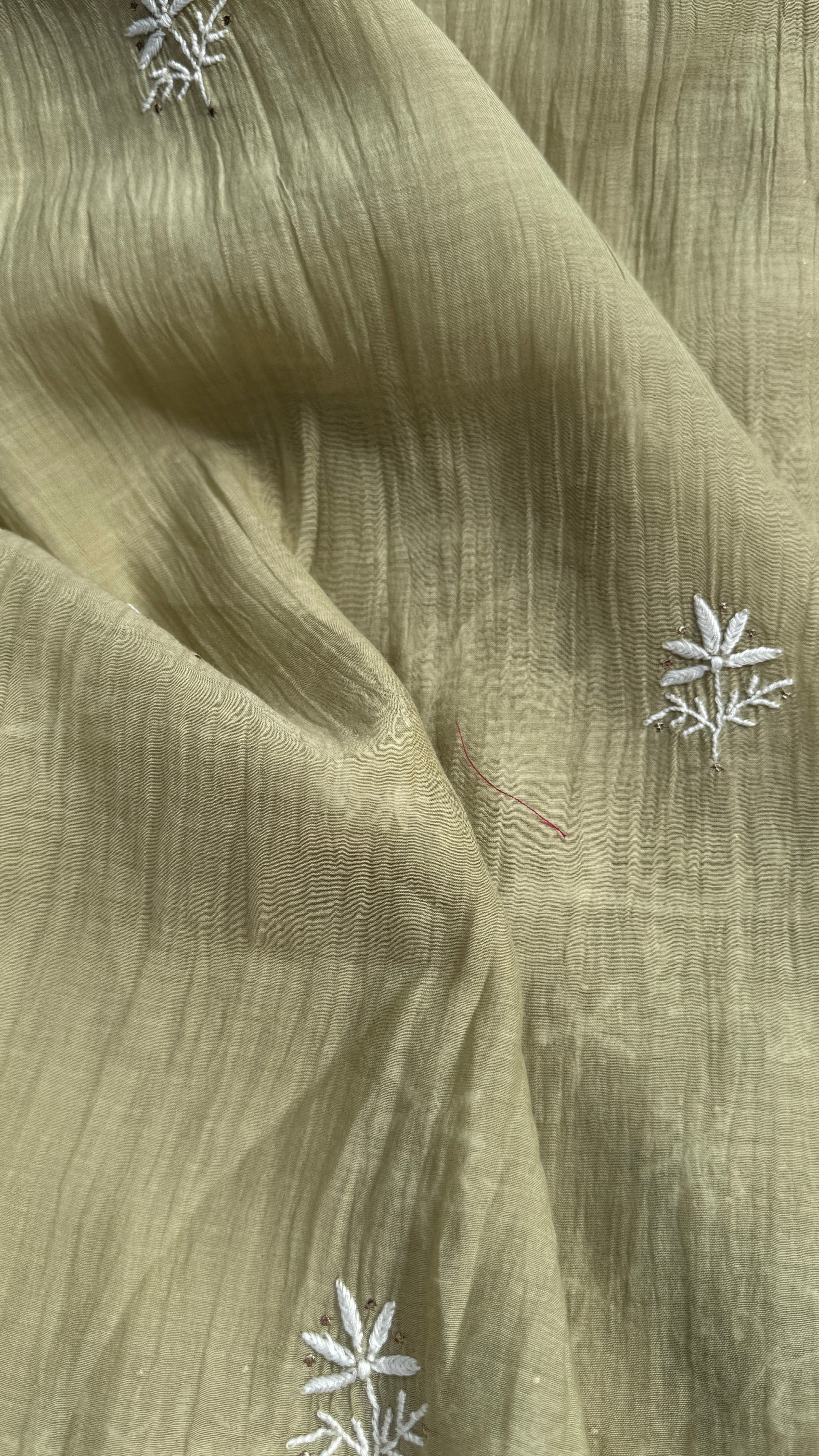 Mul Chanderi Chikankari Unstitched Length with Dupatta with Mukaish Add-On- Sheen Green