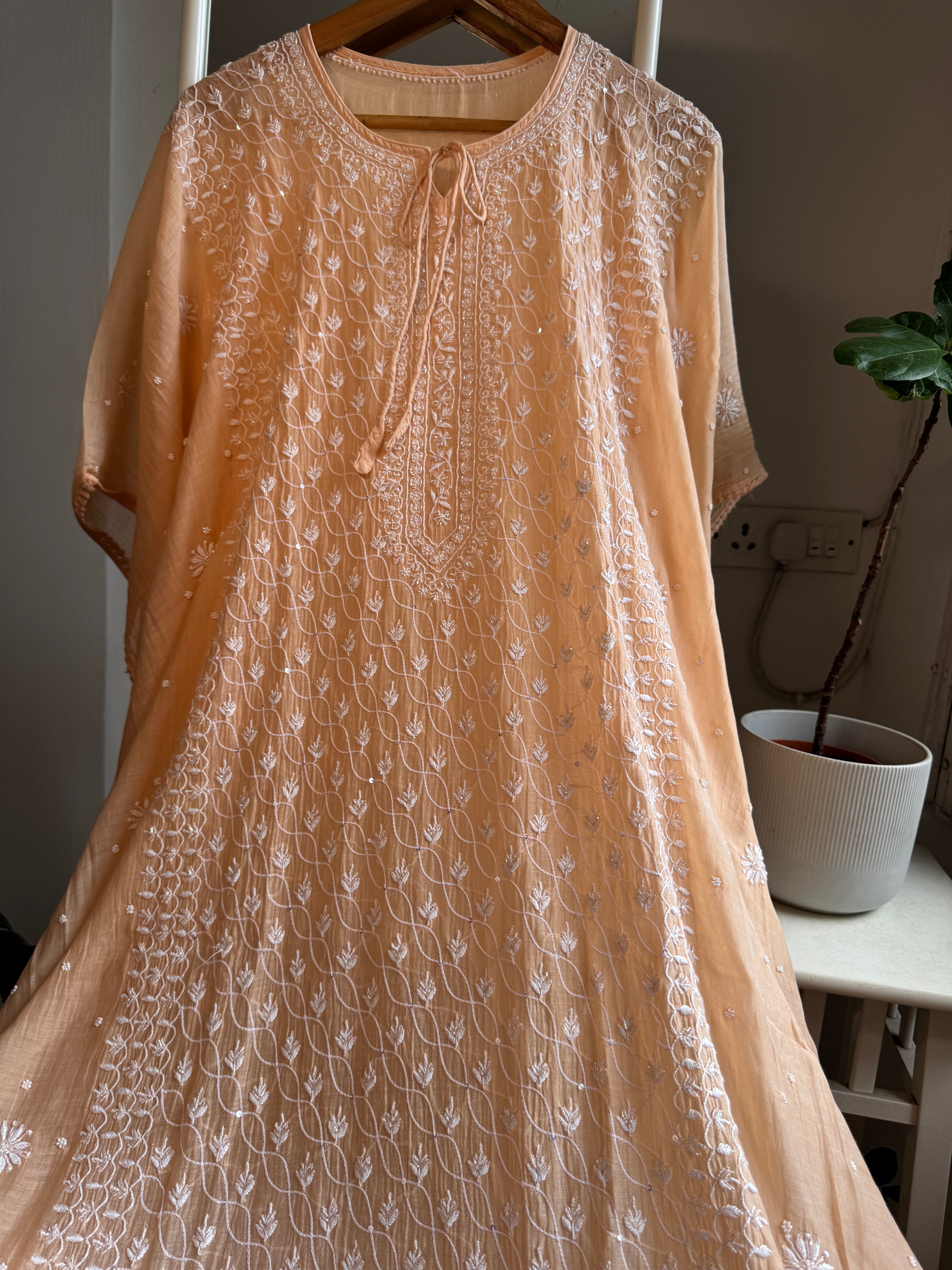 Mul Chanderi Chikankari Kaftan - Peach ARIAA CHIKANKARI