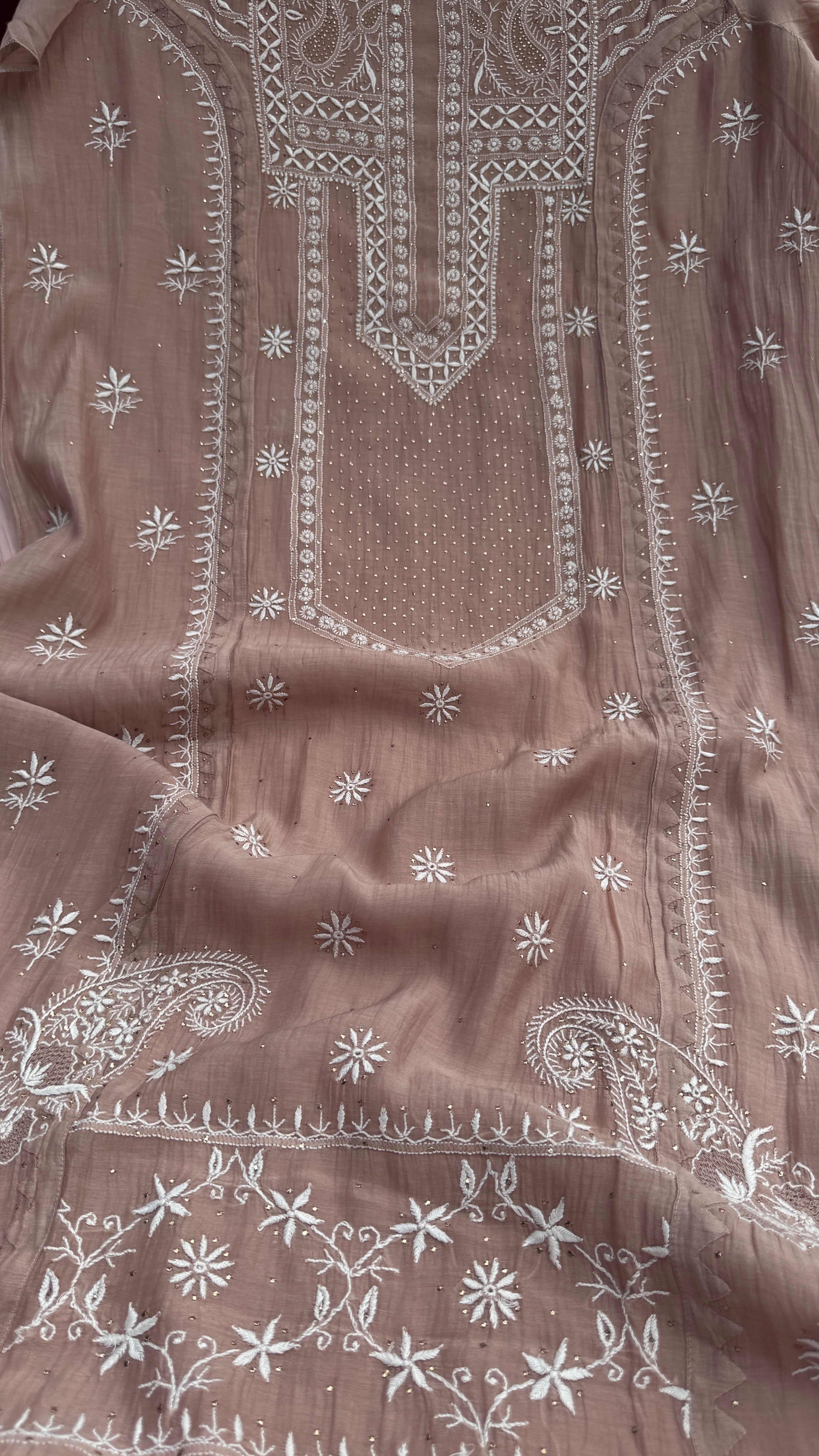 Mul Chanderi Chikankari Unstitched Length with Dupatta with Mukaish Add-On- Rose Brown