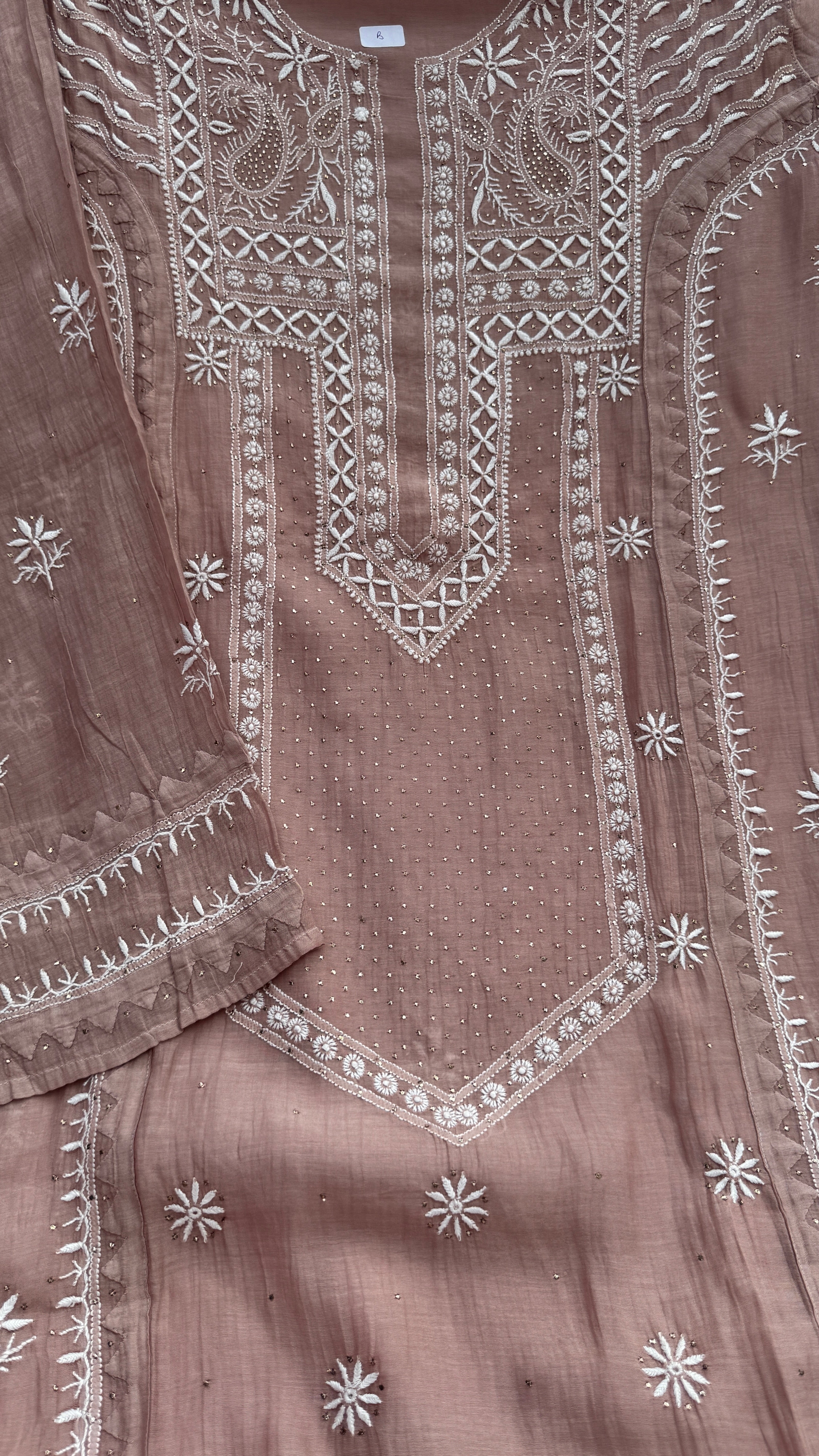 Mul Chanderi Chikankari Unstitched Length with Dupatta with Mukaish Add-On- Rose Brown
