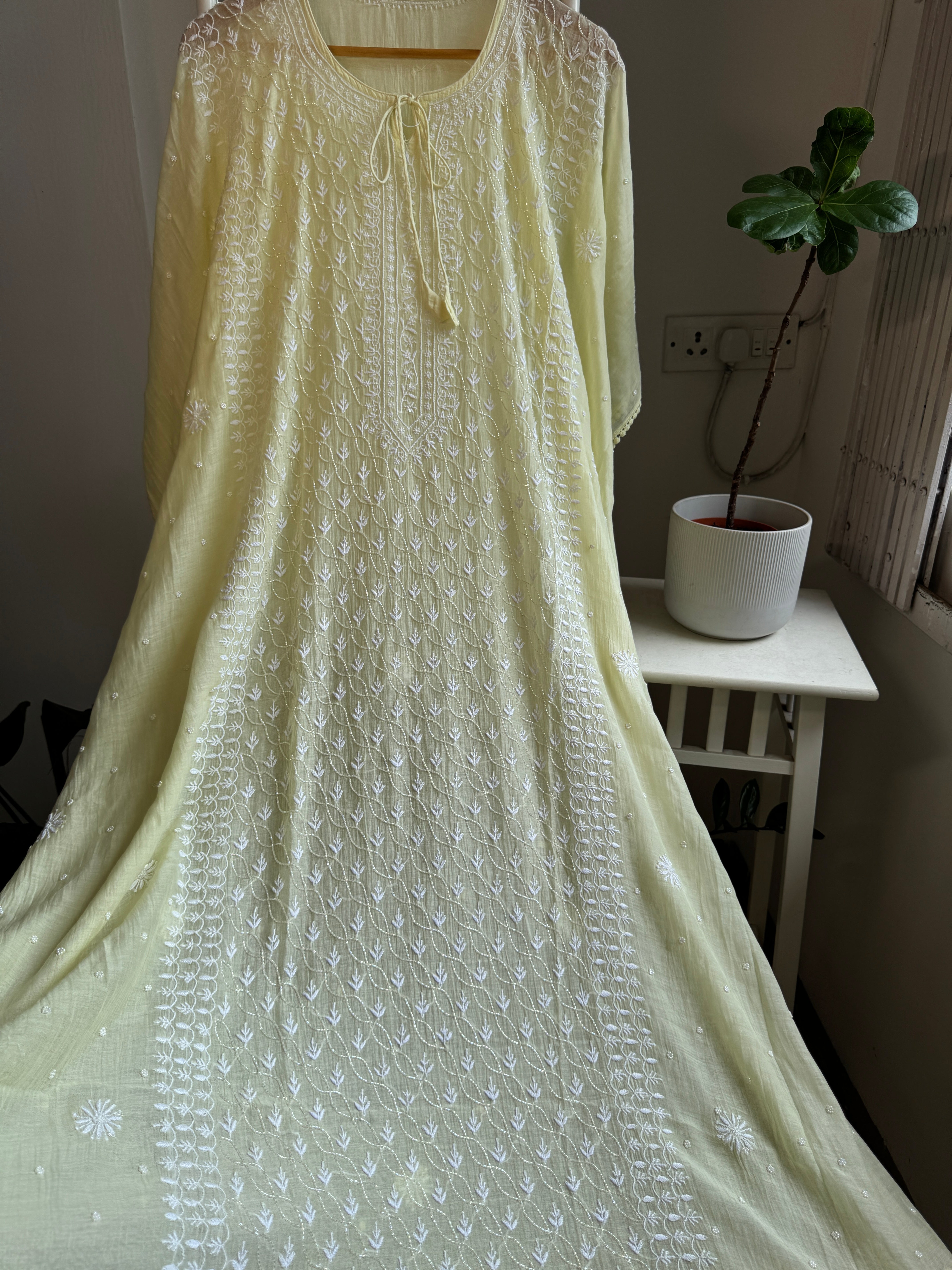 Mul Chanderi Chikankari Kaftan - Light Yellow ARIAA CHIKANKARI