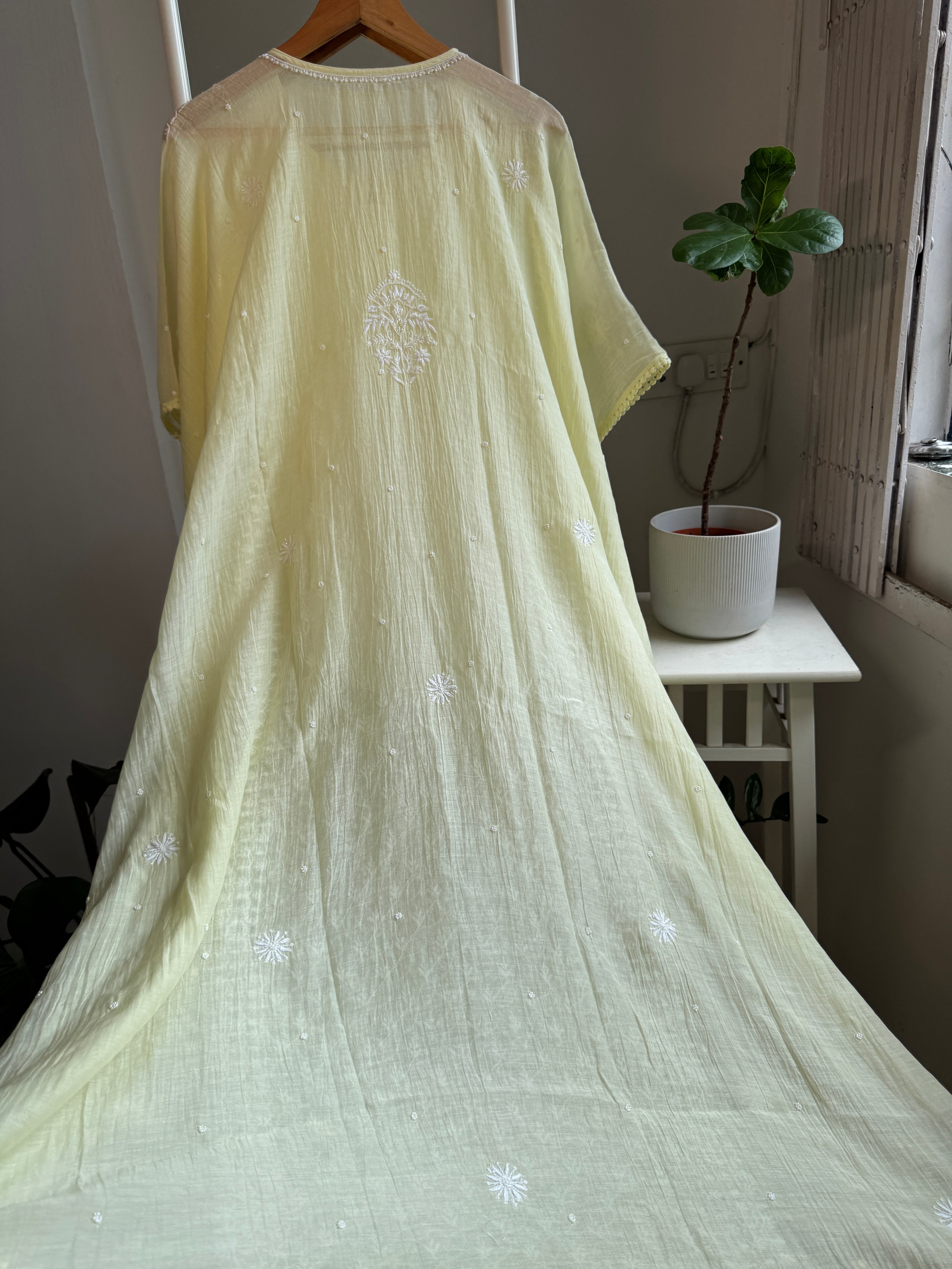 Mul Chanderi Chikankari Kaftan - Light Yellow ARIAA CHIKANKARI
