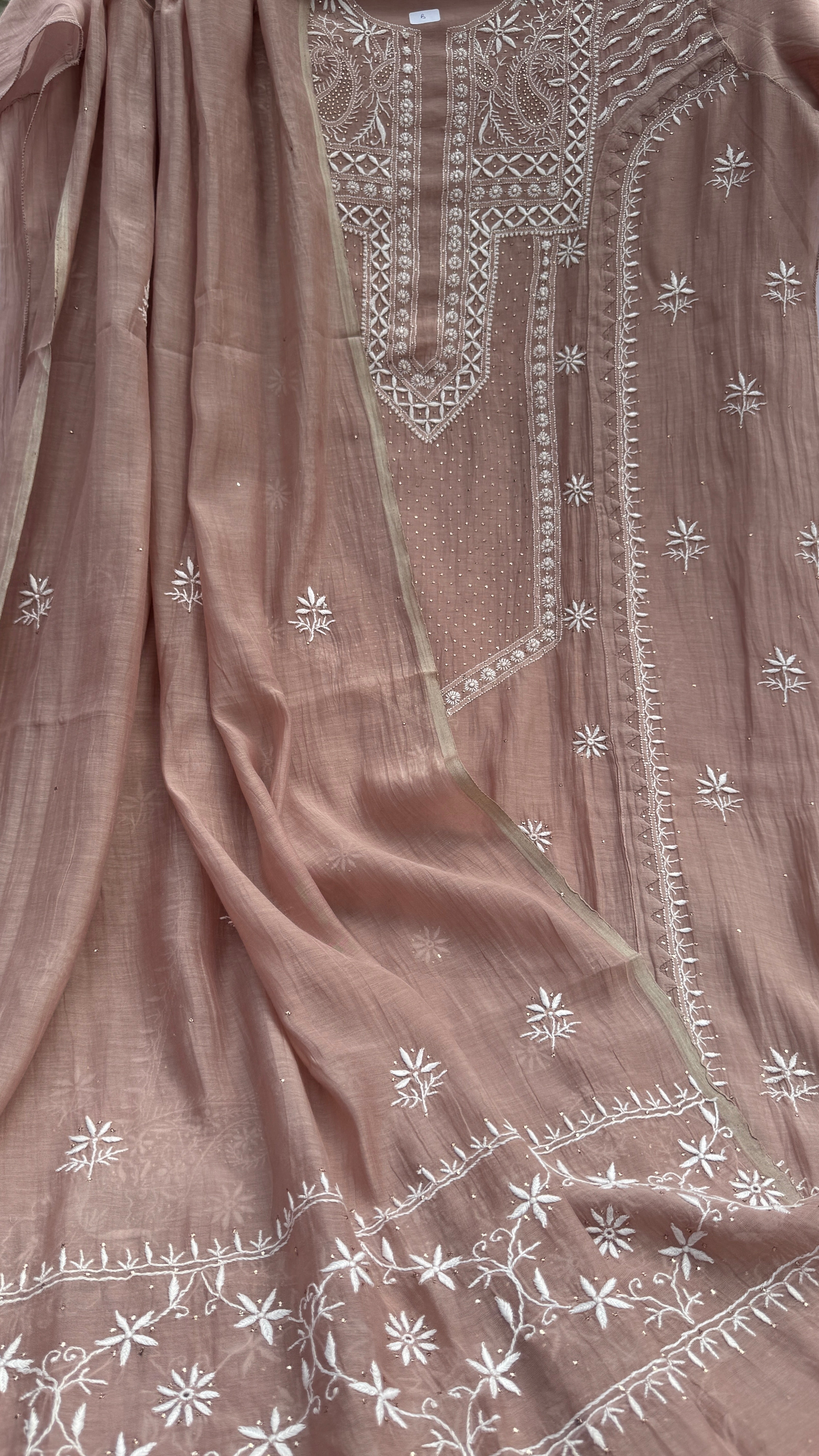 Mul Chanderi Chikankari Unstitched Length with Dupatta with Mukaish Add-On- Rose Brown