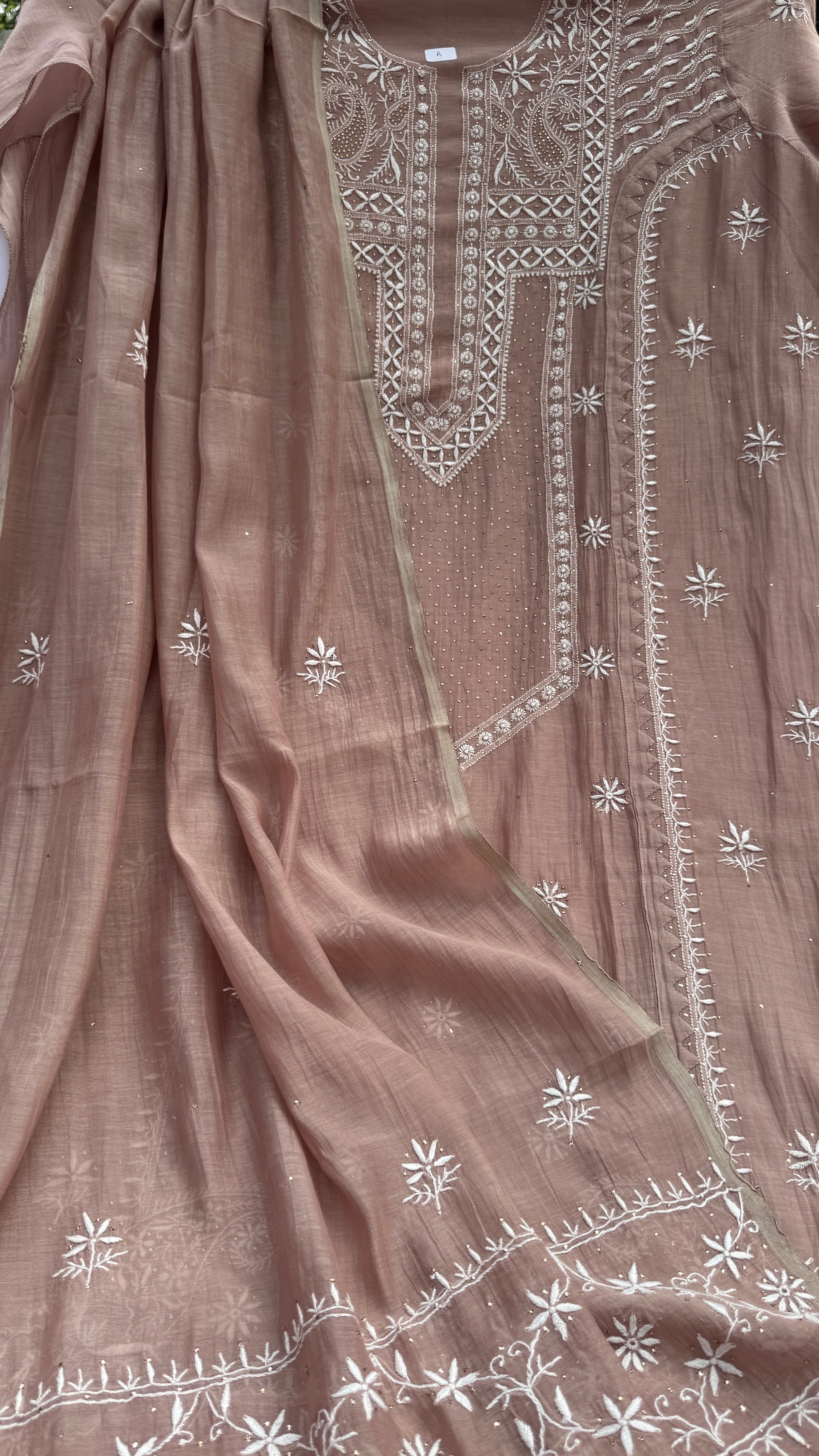 Mul Chanderi Chikankari Unstitched Length with Dupatta with Mukaish Add-On- Rose Brown