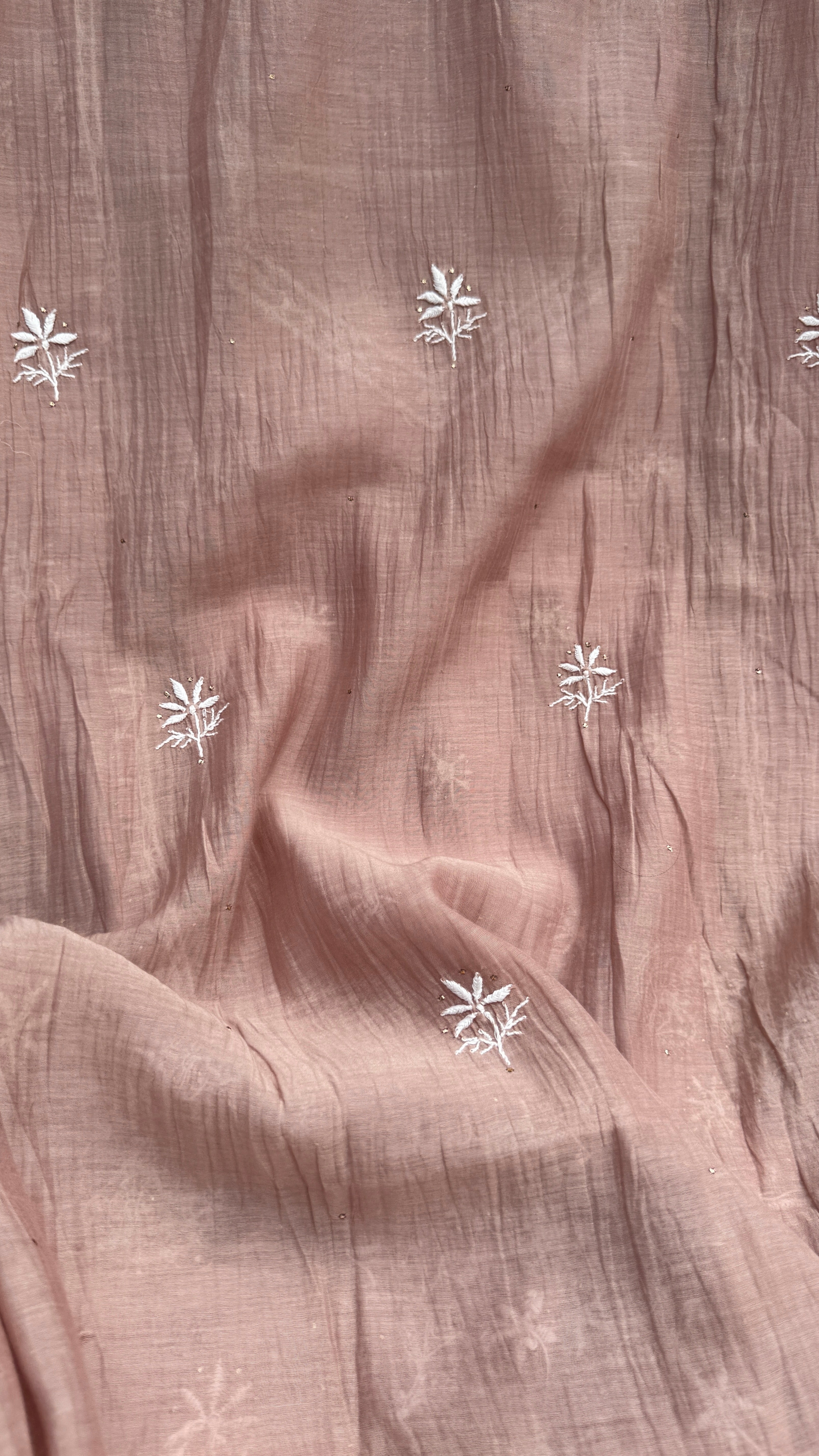 Mul Chanderi Chikankari Unstitched Length with Dupatta with Mukaish Add-On- Rose Brown