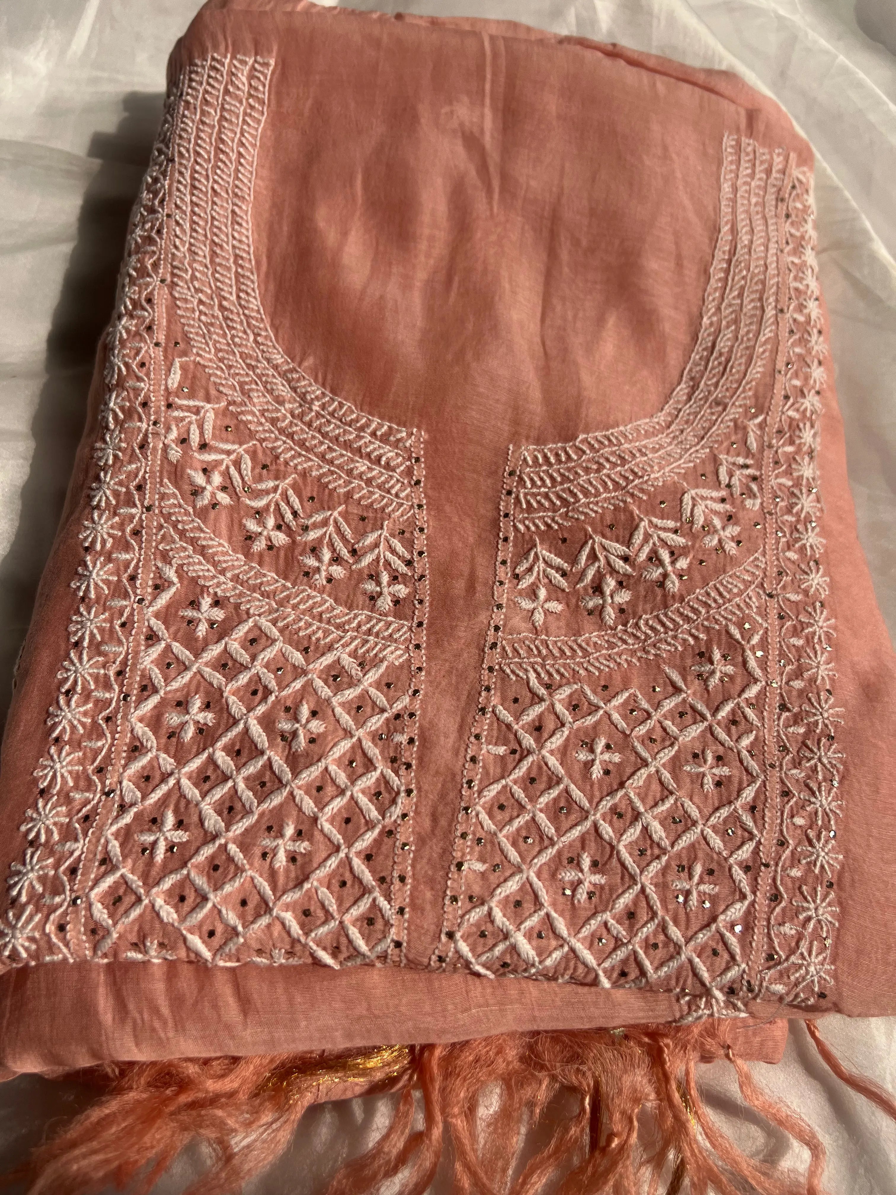 Mul Chanderi Chikankari Unstitched Length with Dupatta -Rosewood ARIAA CHIKANKARI