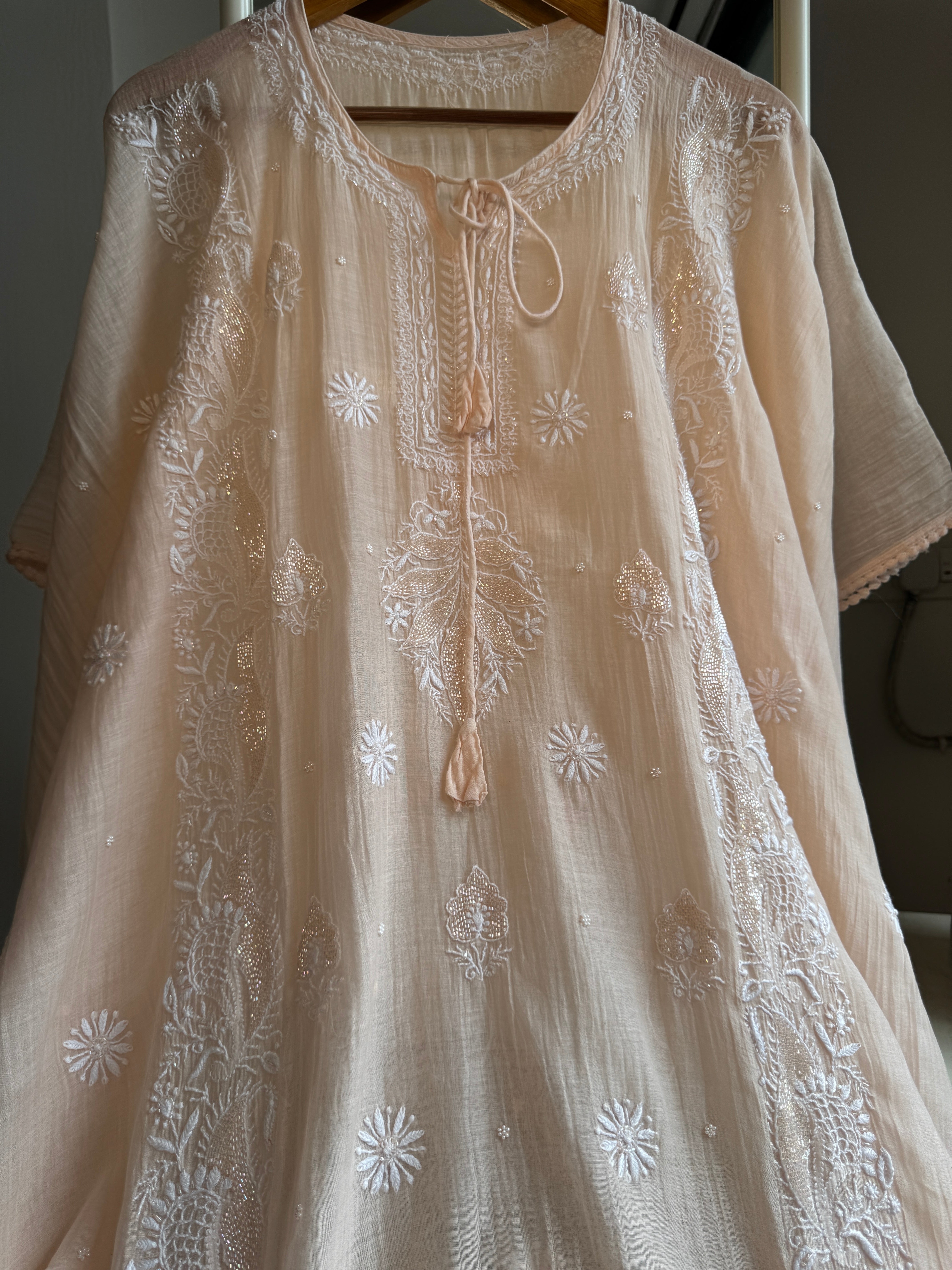 Mul Chanderi Chikankari Kaftan - Blush peach ARIAA CHIKANKARI
