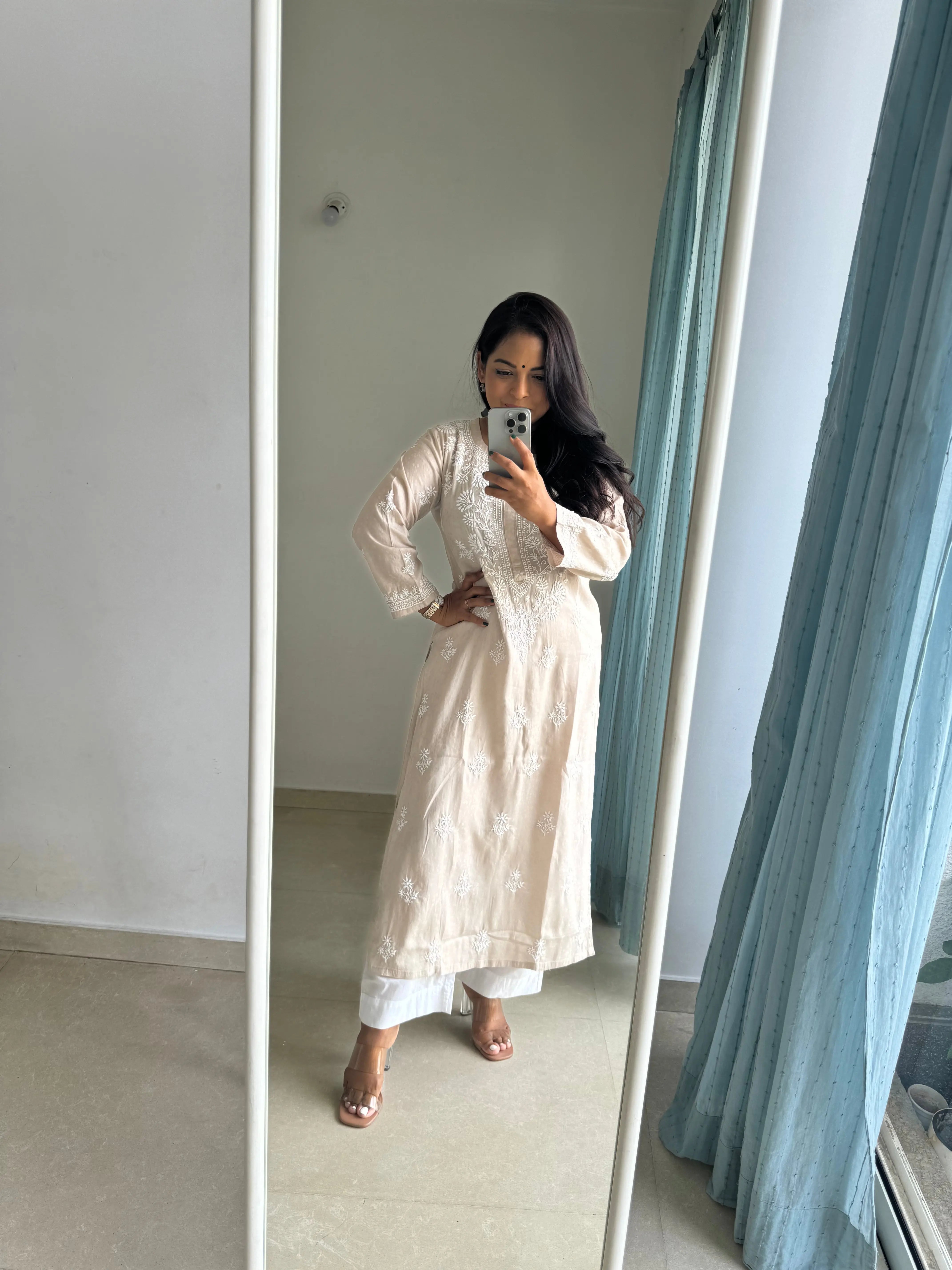 Cotton Chikankari Kurti - Beige ARIAA CHIKANKARI