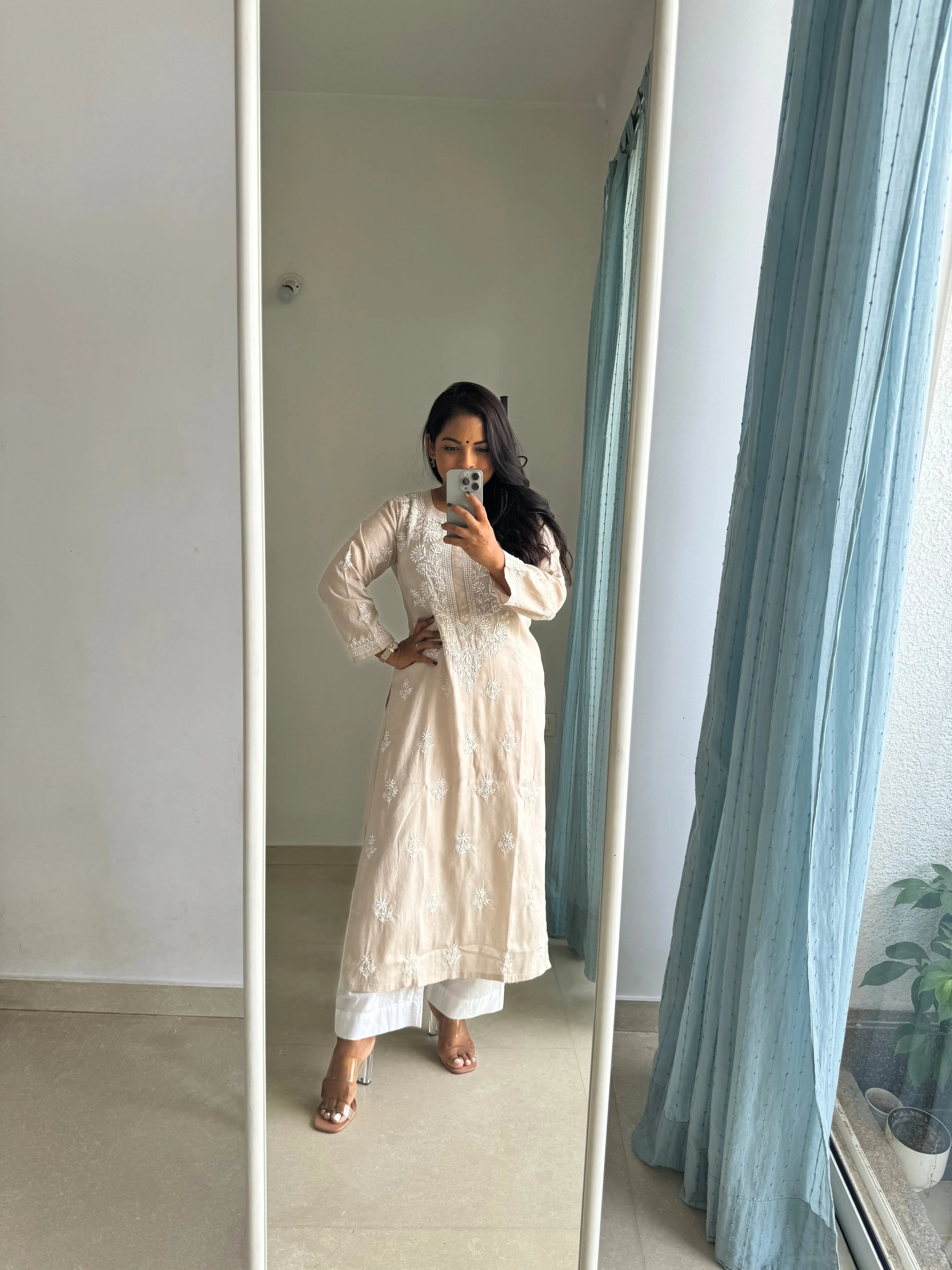 Cotton Chikankari Kurti - Beige ARIAA CHIKANKARI