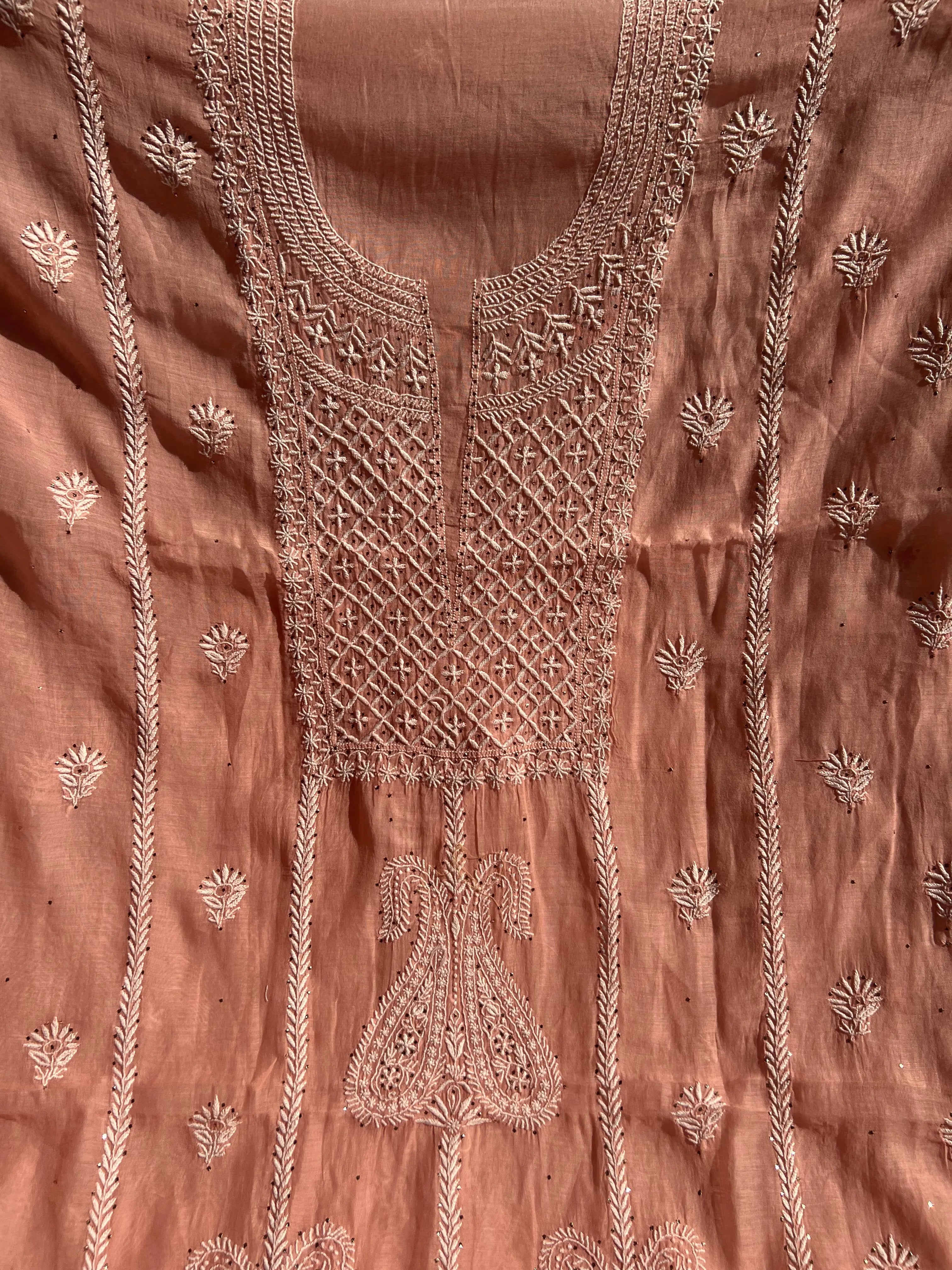 Mul Chanderi Chikankari Unstitched Length with Dupatta -Rosewood ARIAA CHIKANKARI