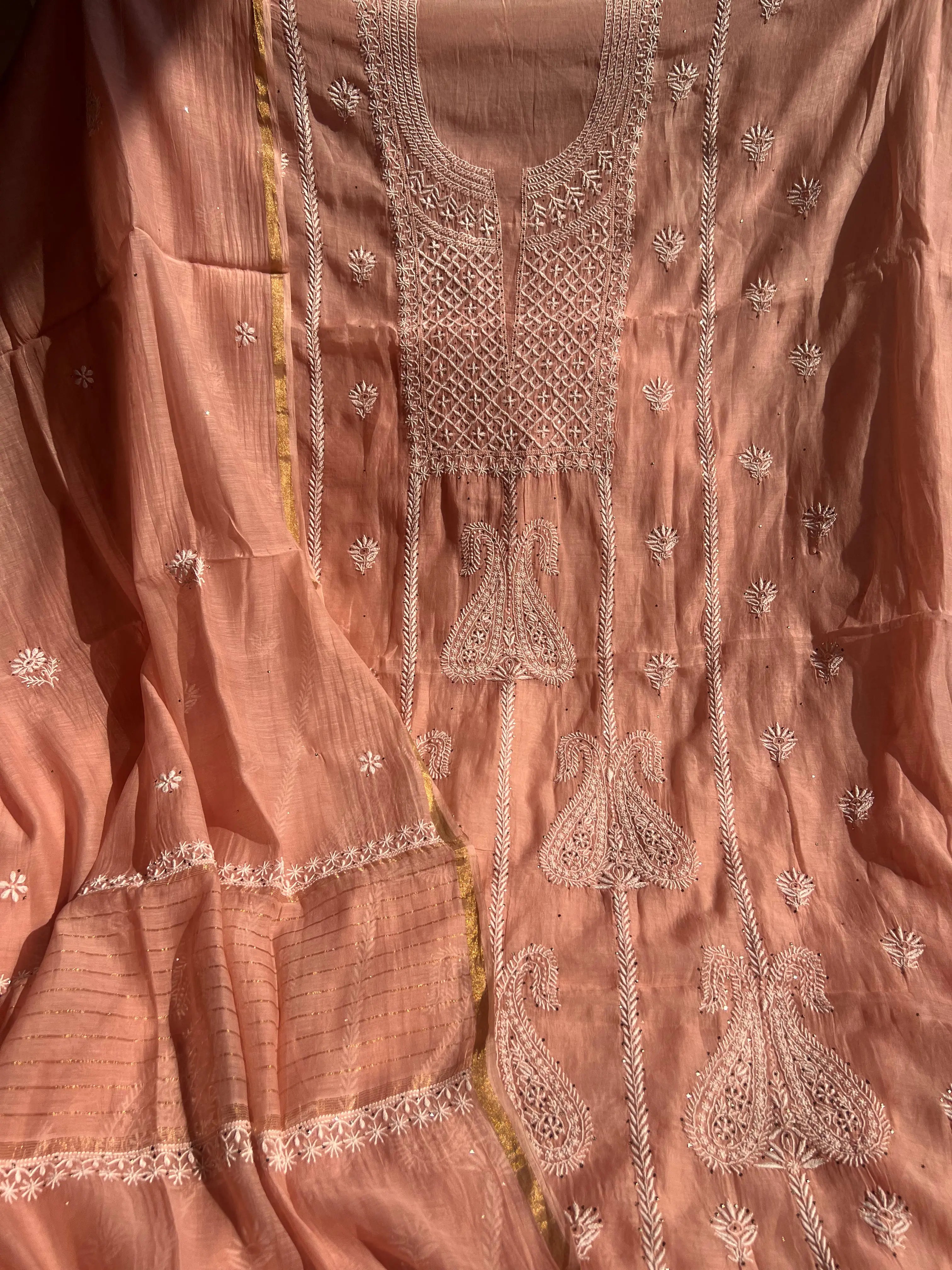 Mul Chanderi Chikankari Unstitched Length with Dupatta -Rosewood ARIAA CHIKANKARI