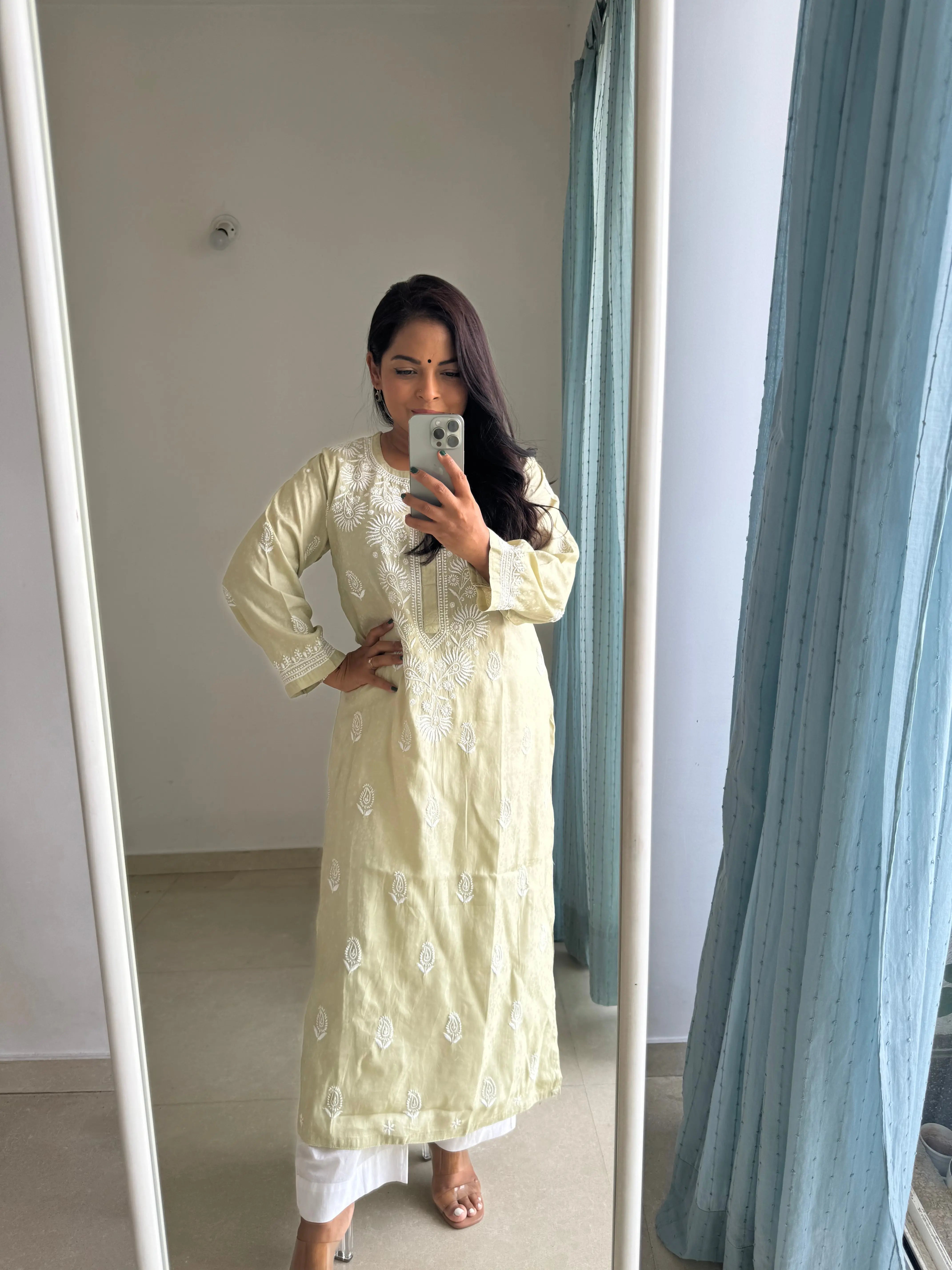 Cotton Chikankari Kurti - Pista Green ARIAA CHIKANKARI