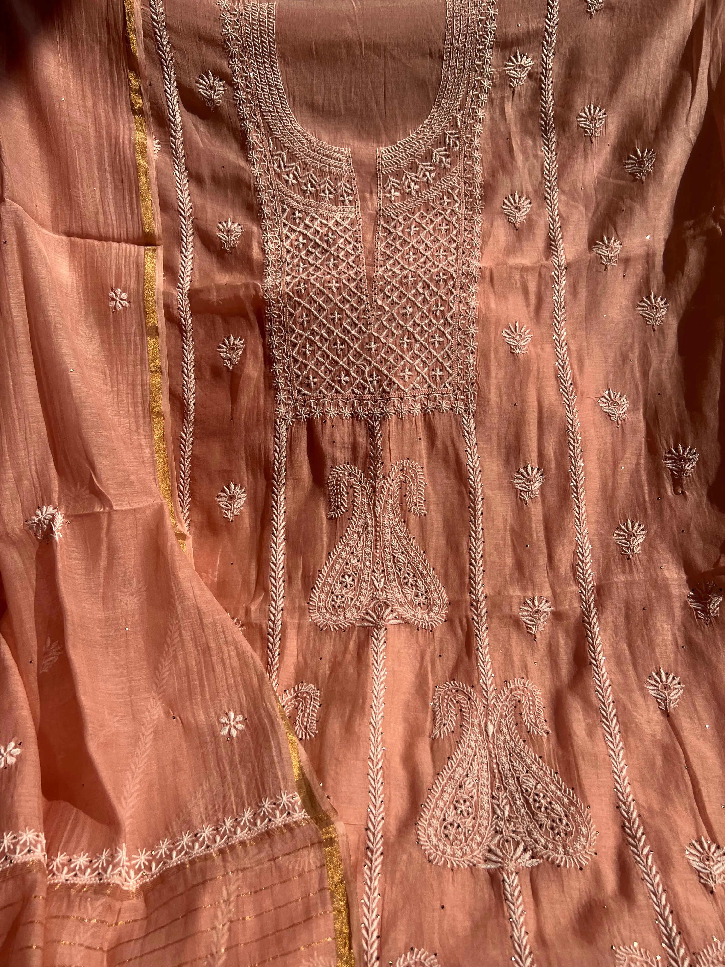 Mul Chanderi Chikankari Unstitched Length with Dupatta -Rosewood ARIAA CHIKANKARI