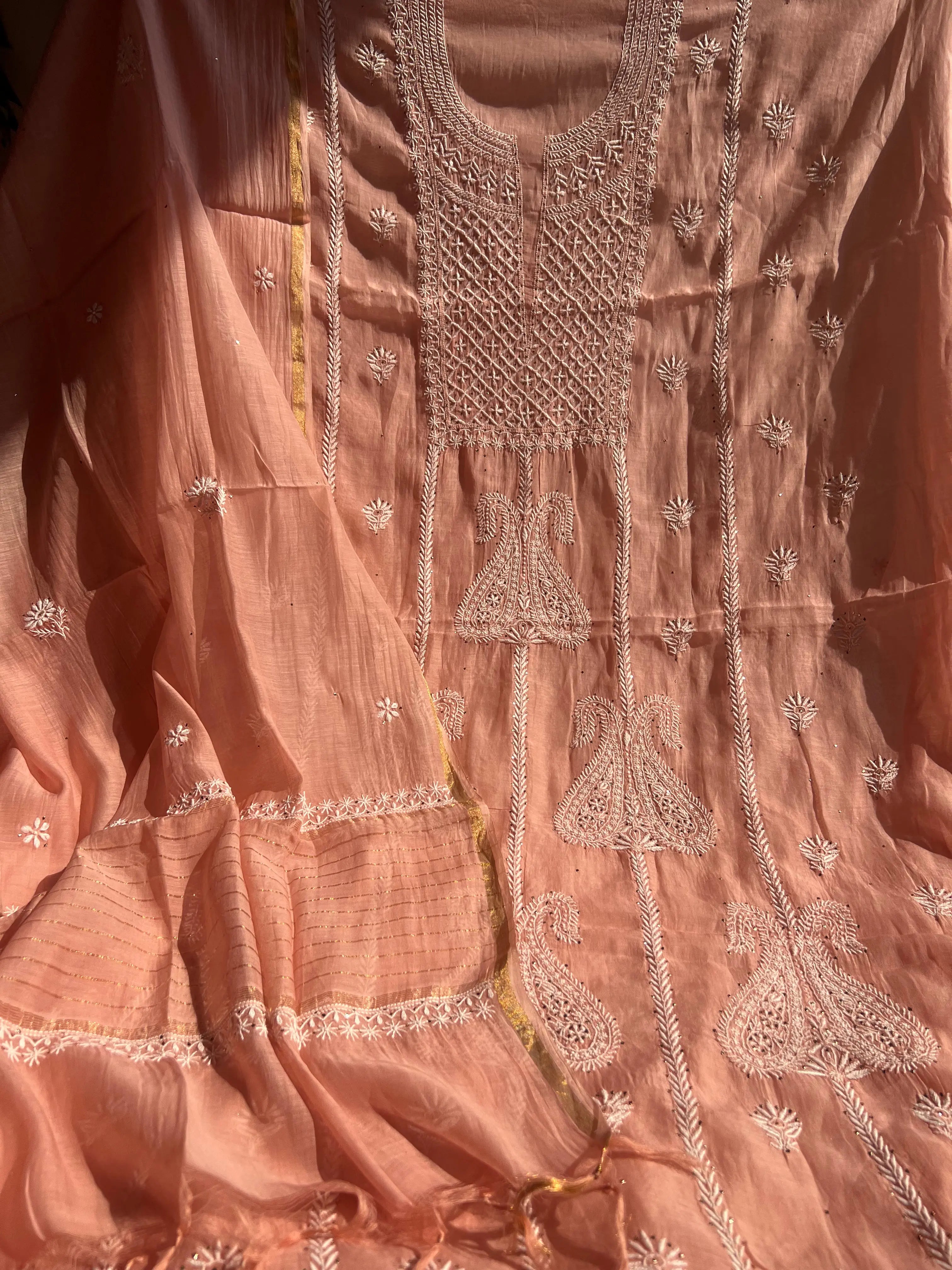 Mul Chanderi Chikankari Unstitched Length with Dupatta -Rosewood ARIAA CHIKANKARI