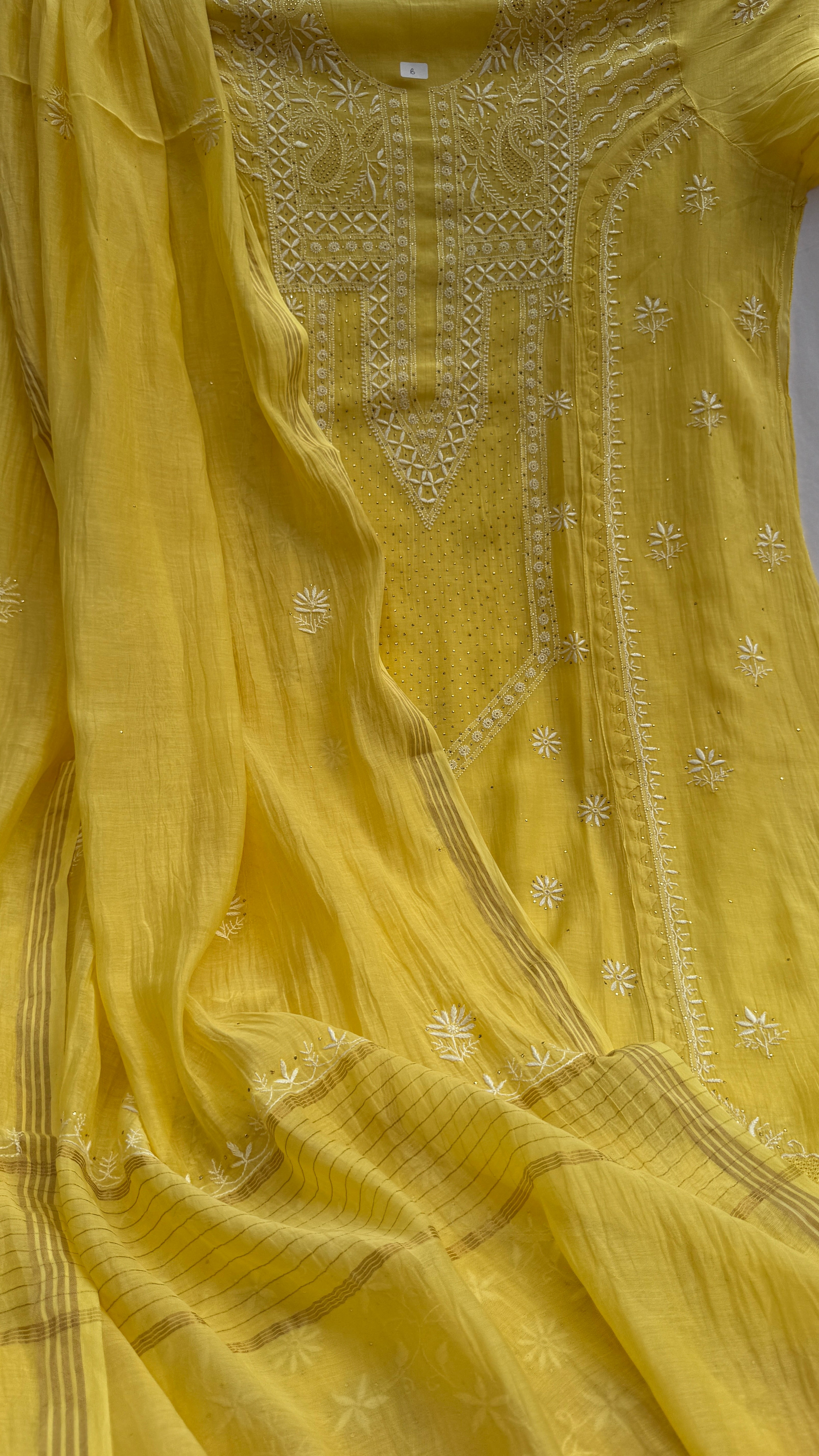 Mul Chanderi Chikankari Unstitched Length with Dupatta with Mukaish Add-On- Yellow