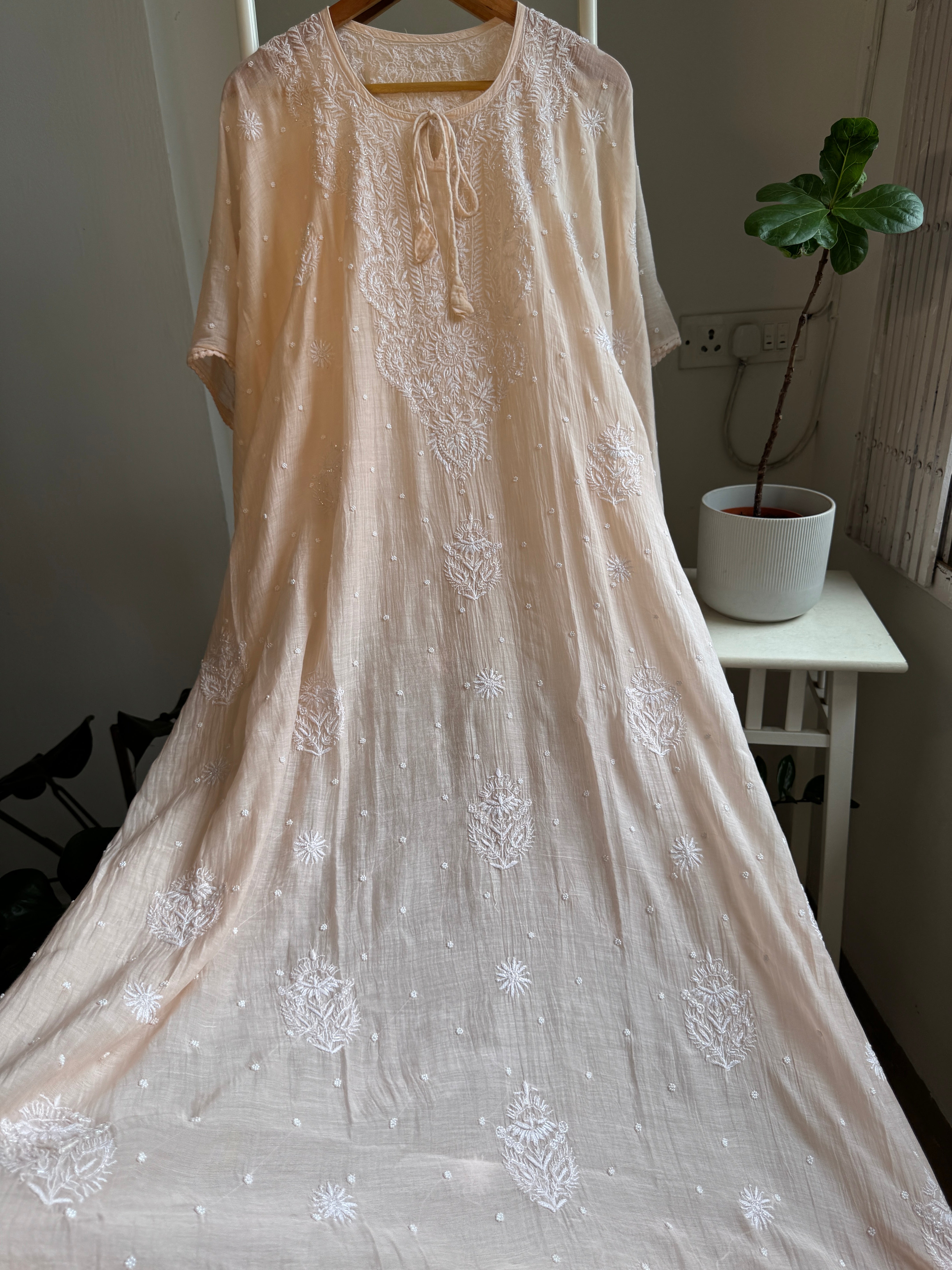 Mul Chanderi Chikankari Kaftan - Blush peach ARIAA CHIKANKARI