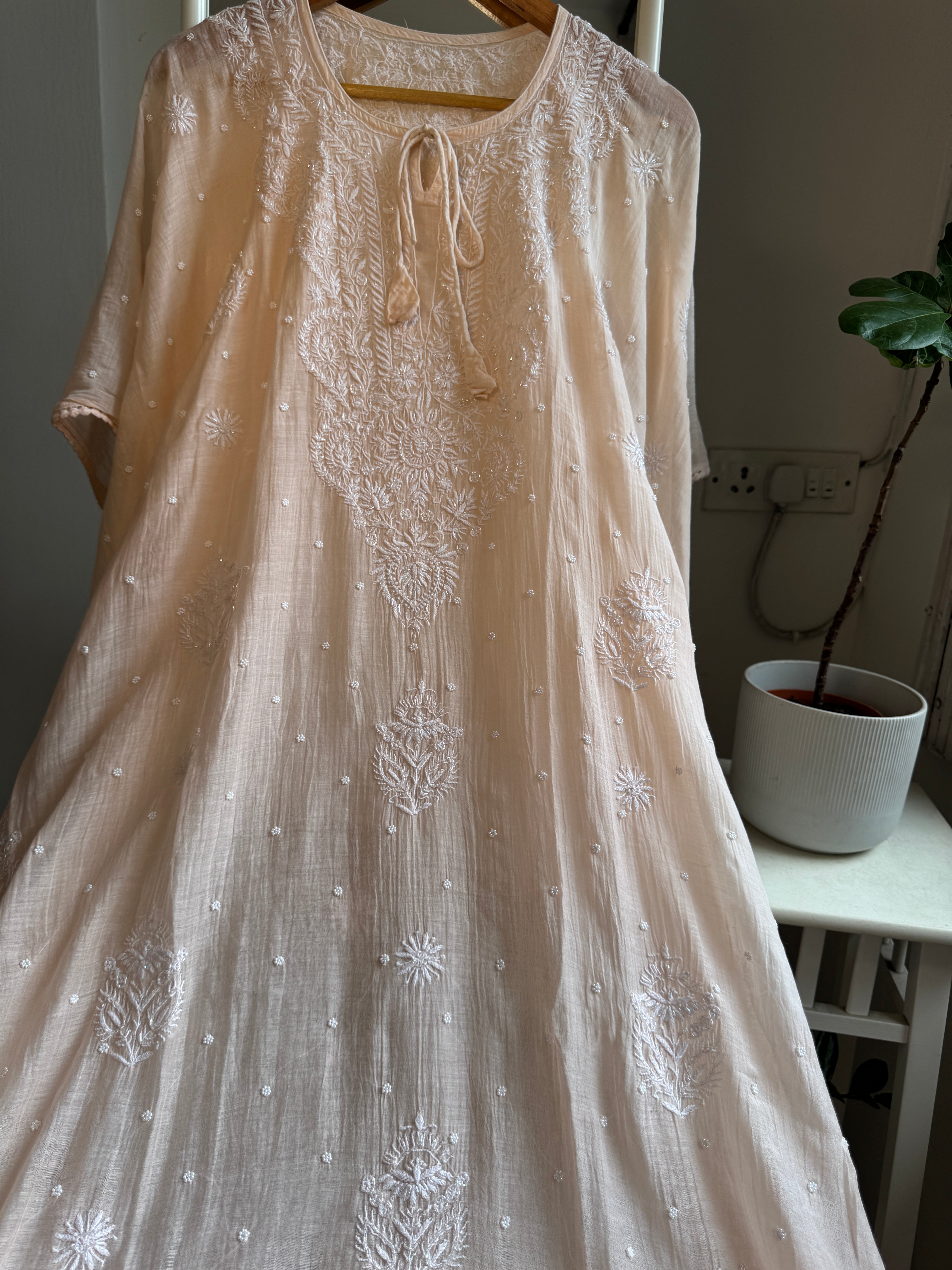 Mul Chanderi Chikankari Kaftan - Blush peach ARIAA CHIKANKARI