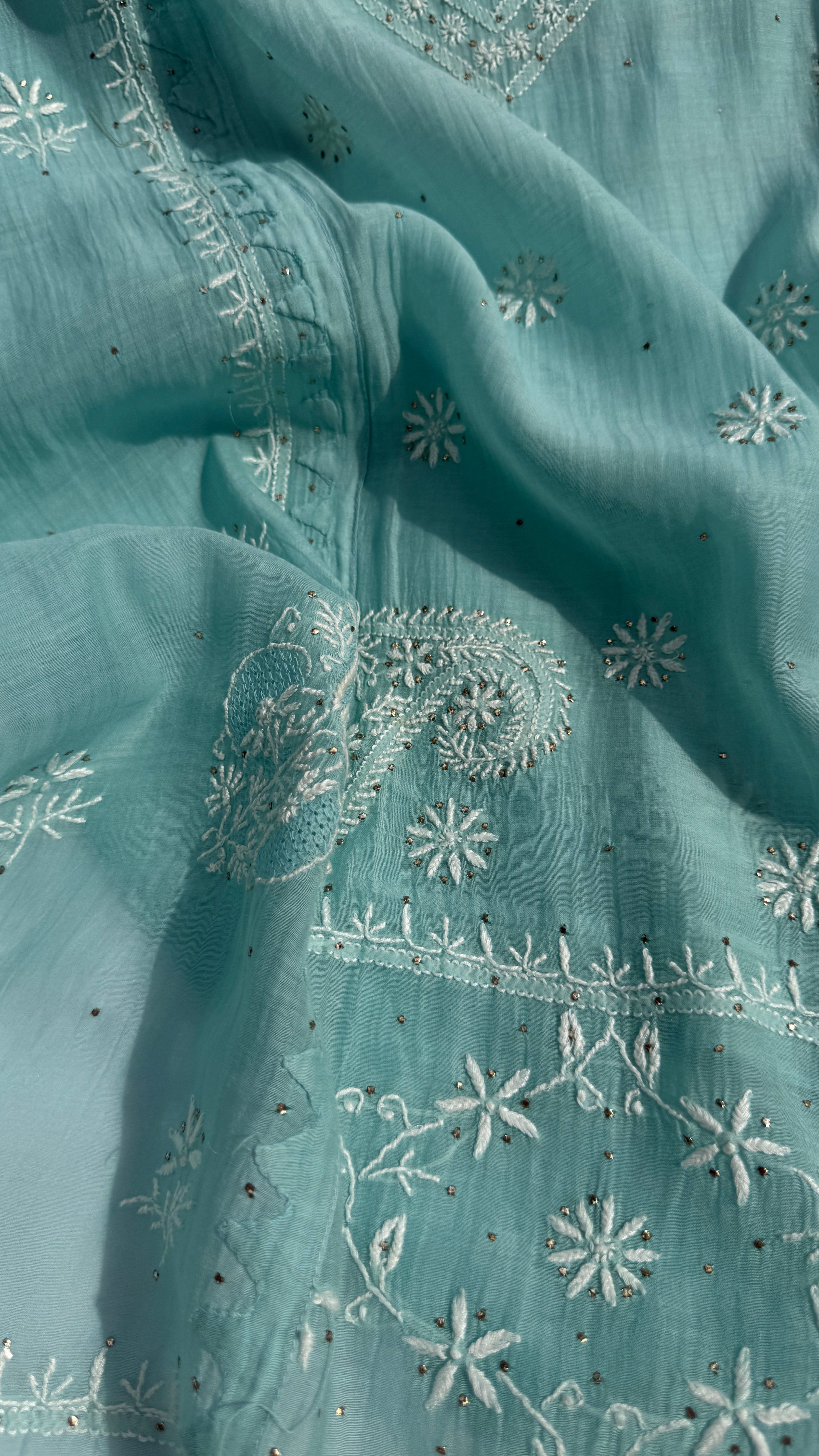 Mul Chanderi Chikankari Unstitched Length with Dupatta with Mukaish Add-On- Tiffany