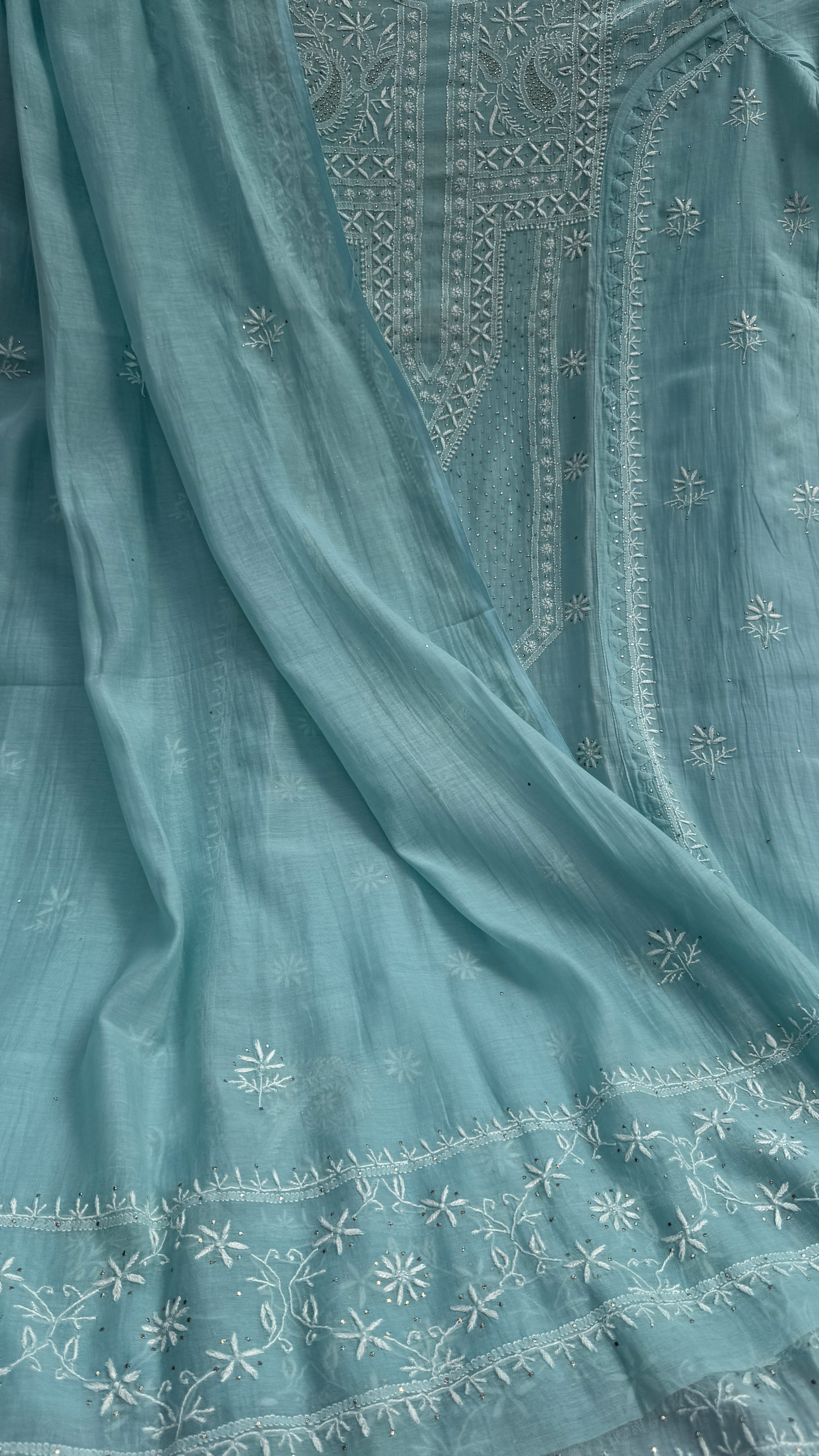 Mul Chanderi Chikankari Unstitched Length with Dupatta with Mukaish Add-On- Tiffany