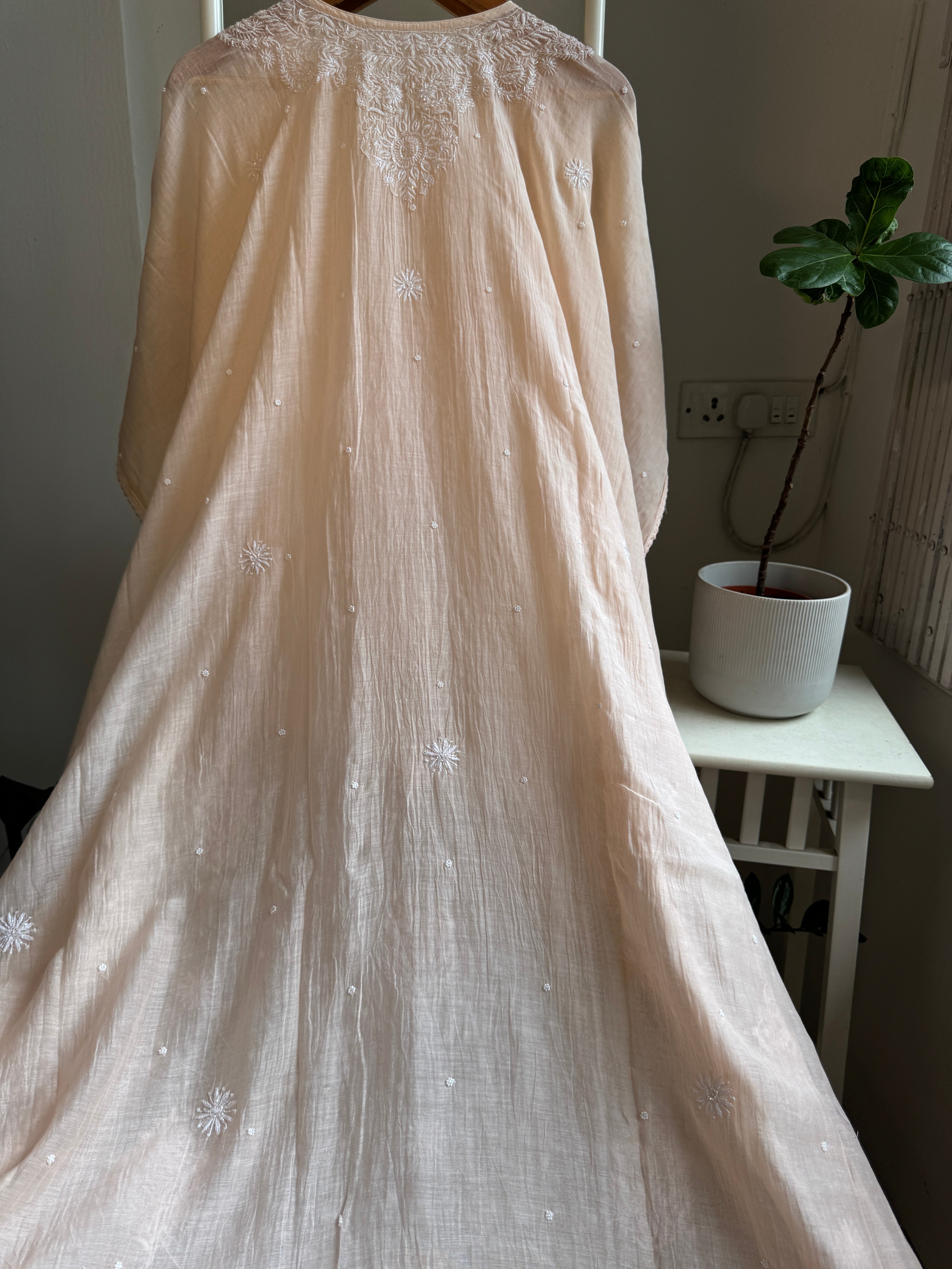 Mul Chanderi Chikankari Kaftan - Blush peach ARIAA CHIKANKARI