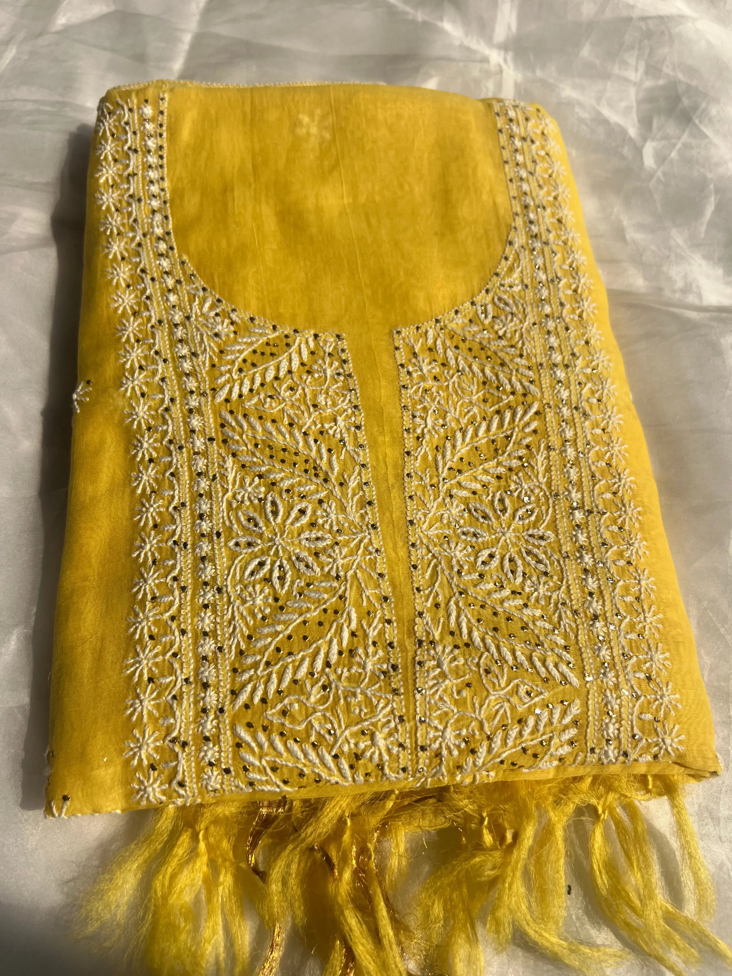 Mul Chanderi Chikankari Unstitched Length with Dupatta - Yellow ARIAA CHIKANKARI