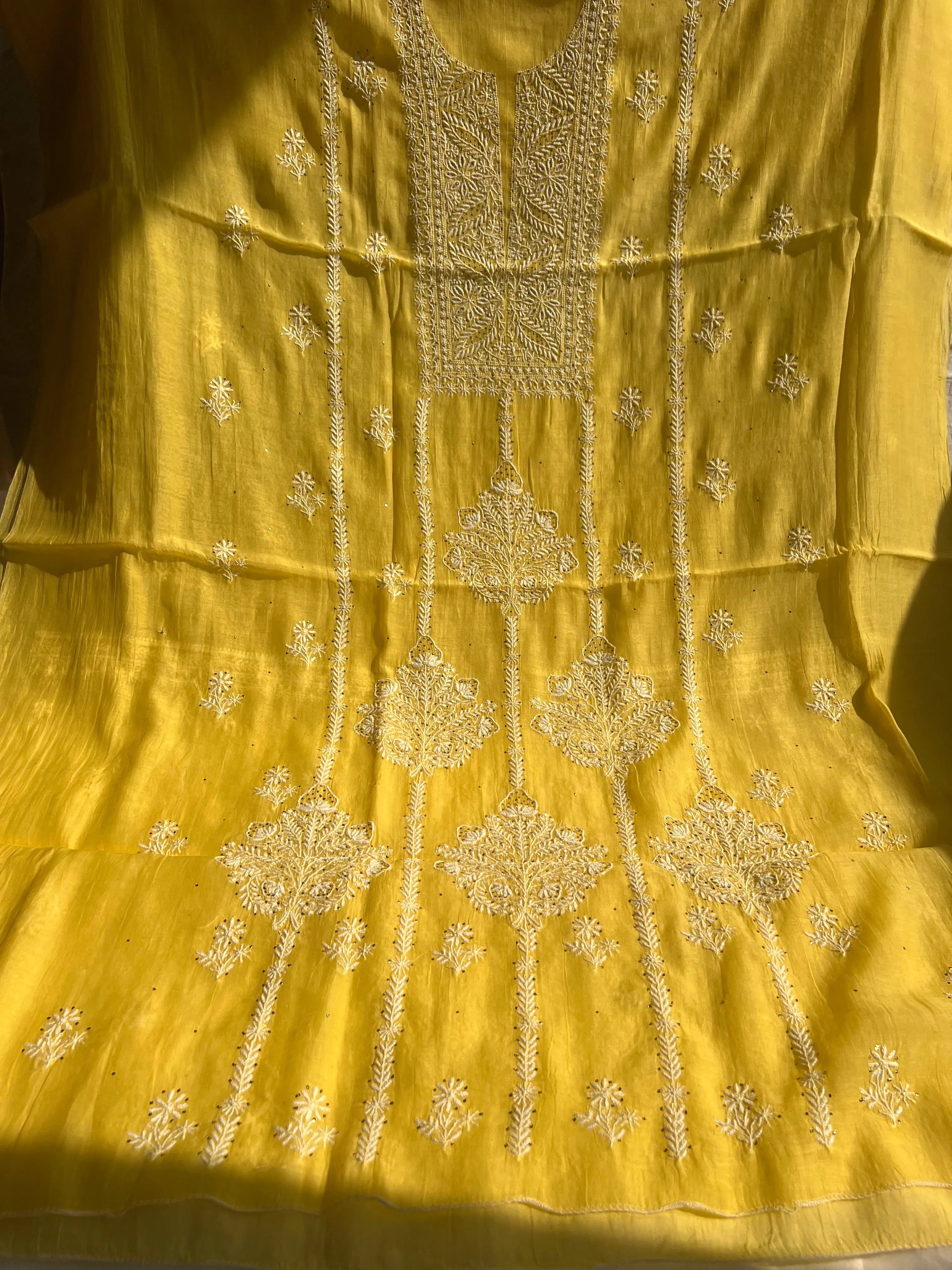 Mul Chanderi Chikankari Unstitched Length with Dupatta - Yellow ARIAA CHIKANKARI