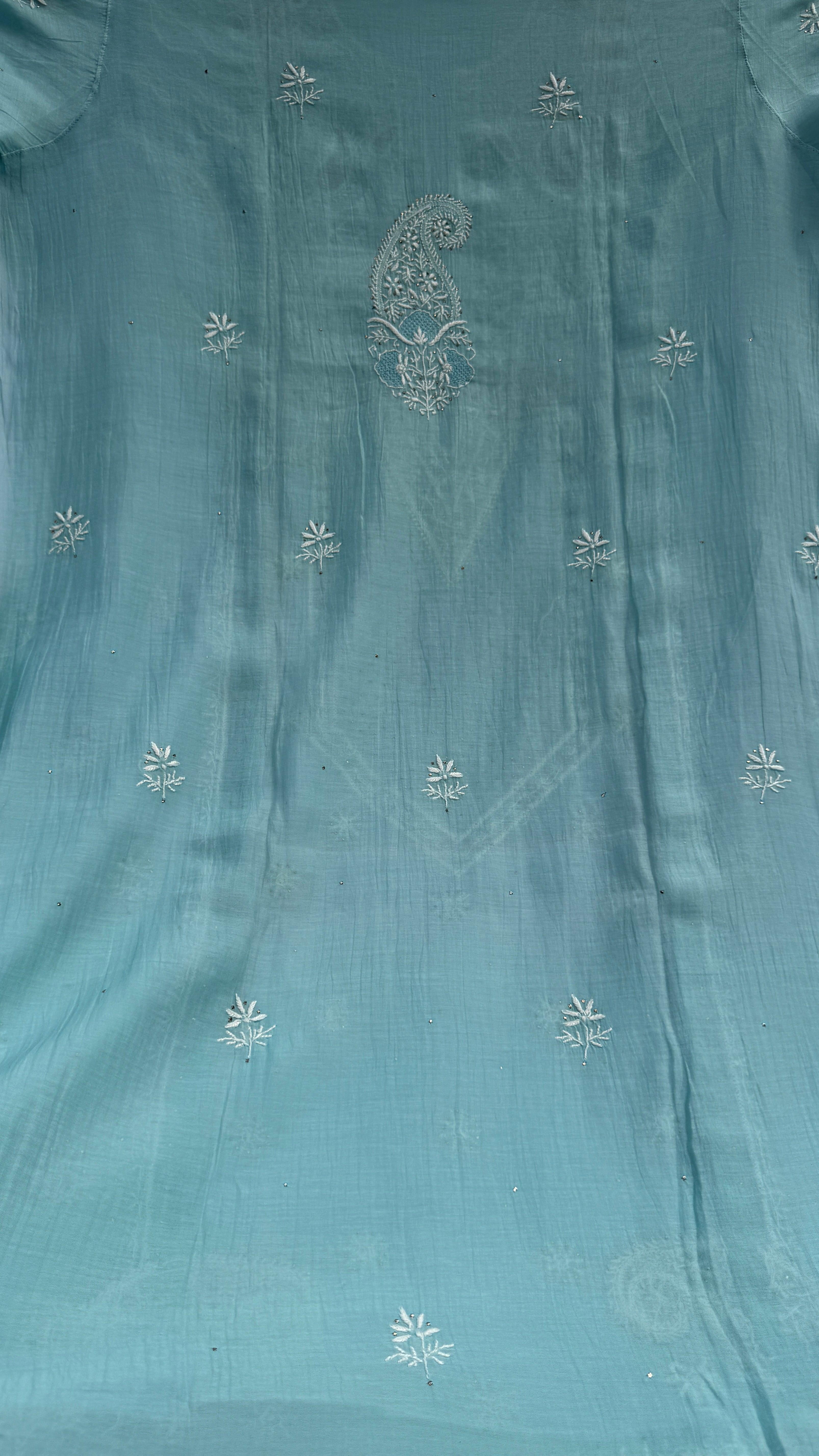 Mul Chanderi Chikankari Unstitched Length with Dupatta with Mukaish Add-On- Tiffany