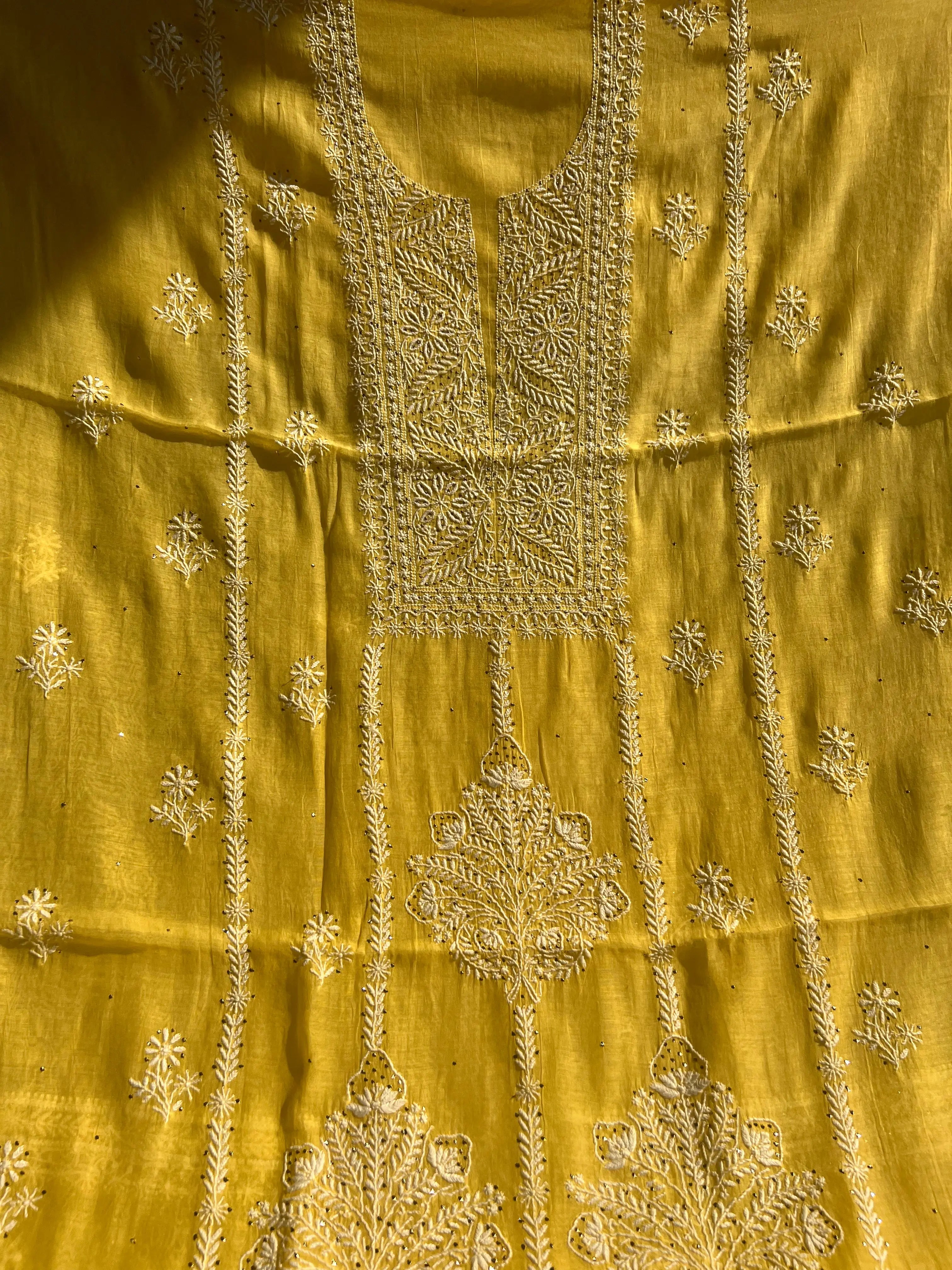 Mul Chanderi Chikankari Unstitched Length with Dupatta - Yellow ARIAA CHIKANKARI
