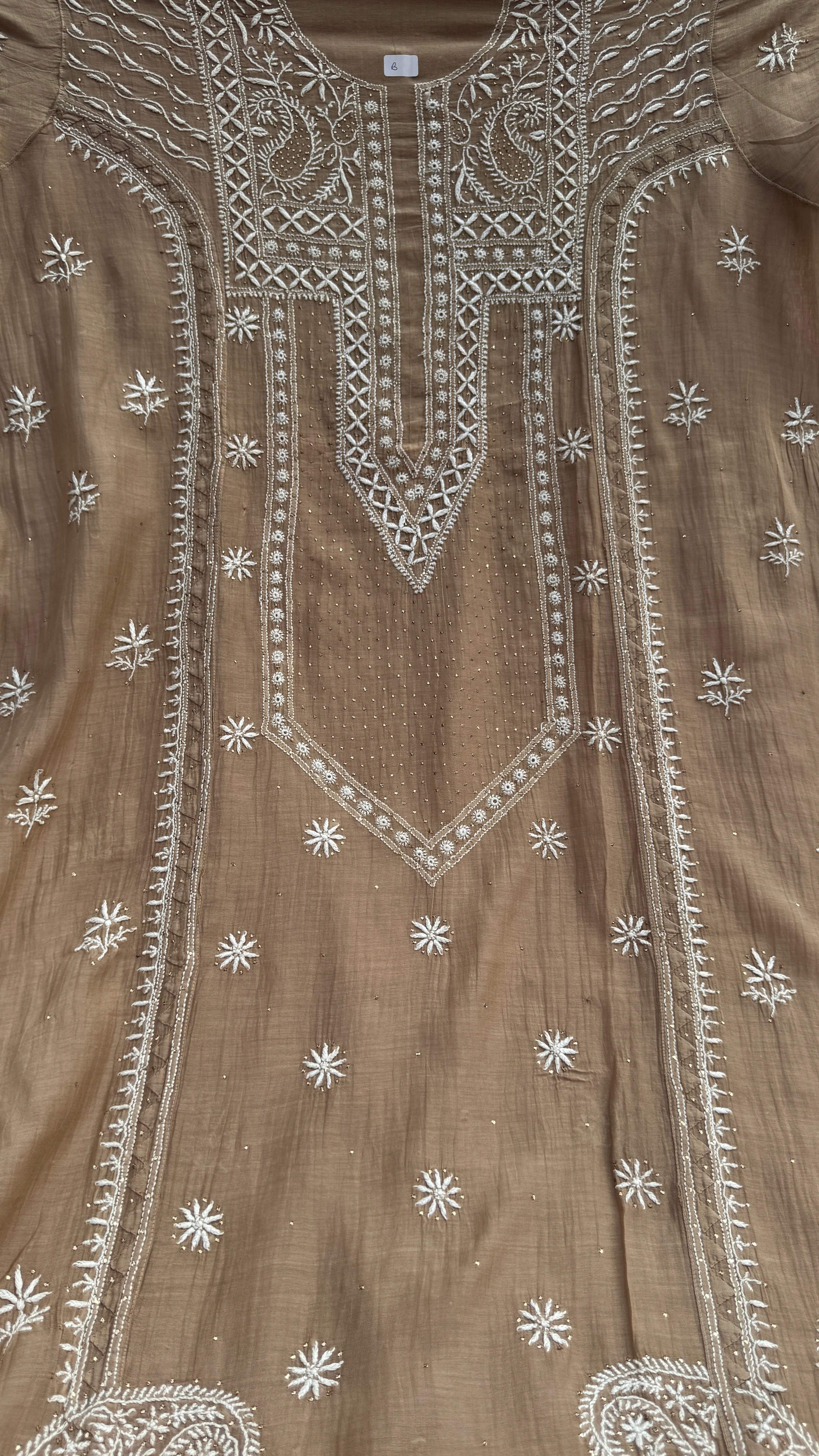Mul Chanderi Chikankari Unstitched Length with Dupatta with Mukaish Add-On- Soft Brown