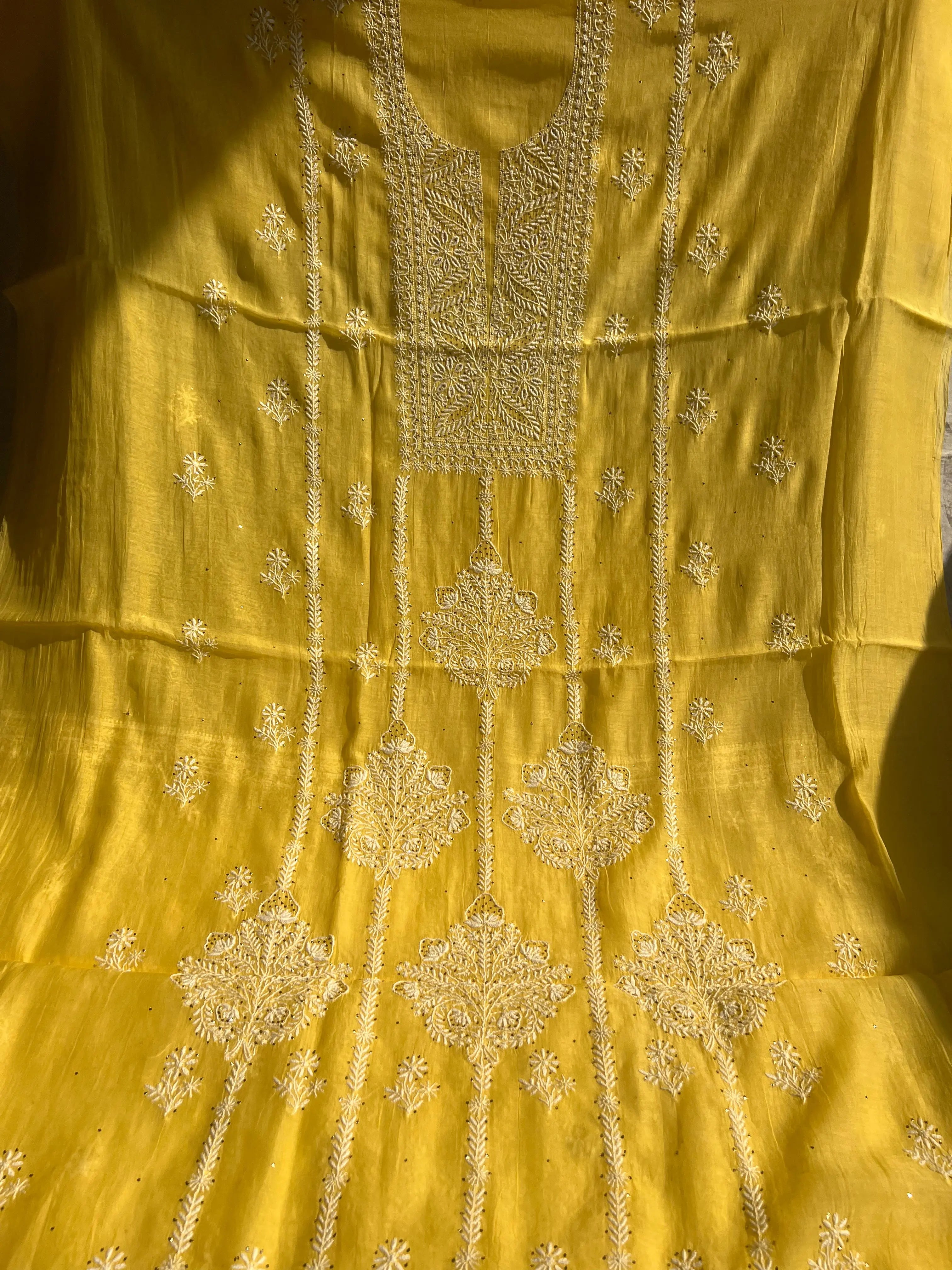 Mul Chanderi Chikankari Unstitched Length with Dupatta - Yellow ARIAA CHIKANKARI