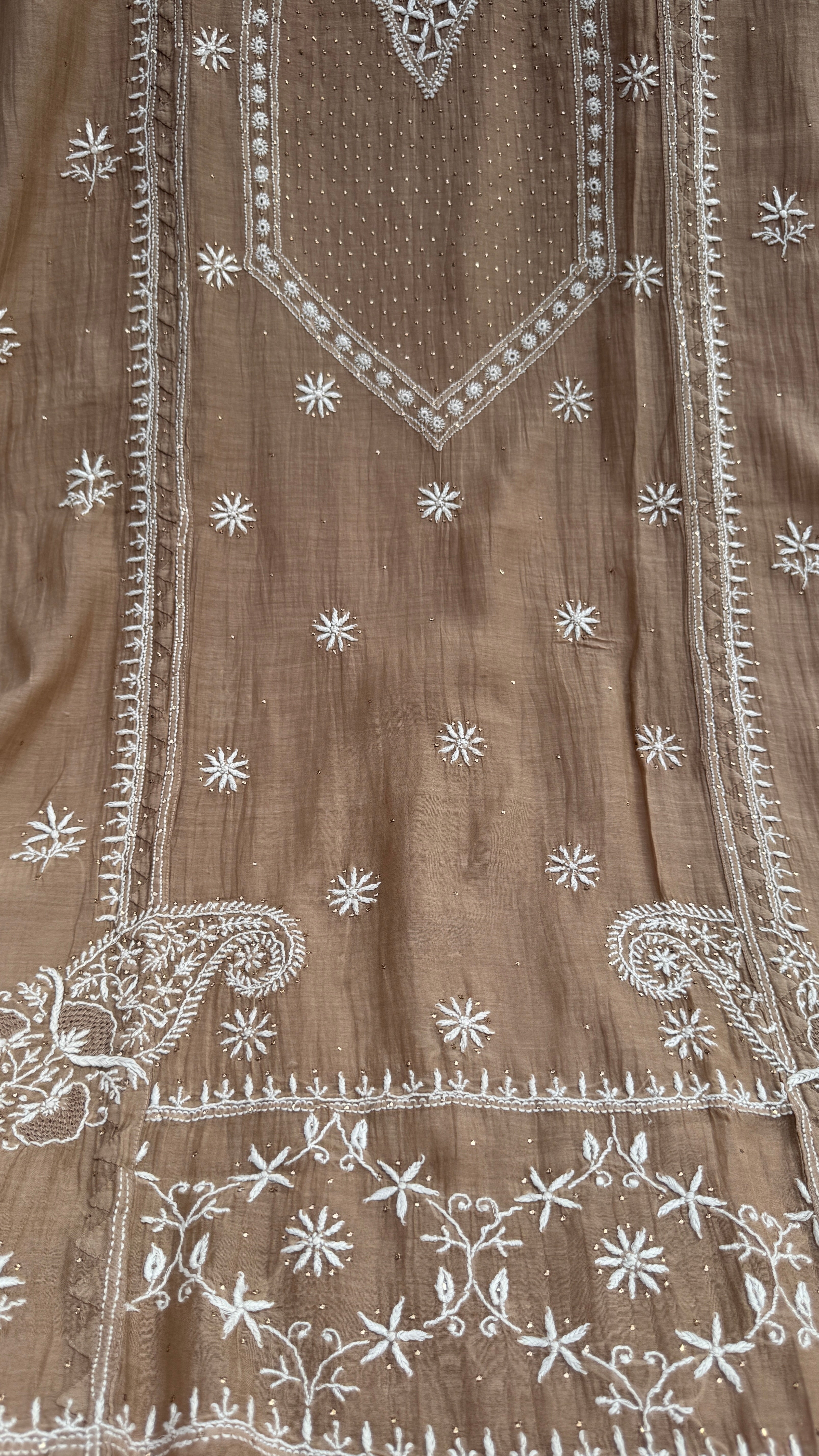 Mul Chanderi Chikankari Unstitched Length with Dupatta with Mukaish Add-On- Soft Brown