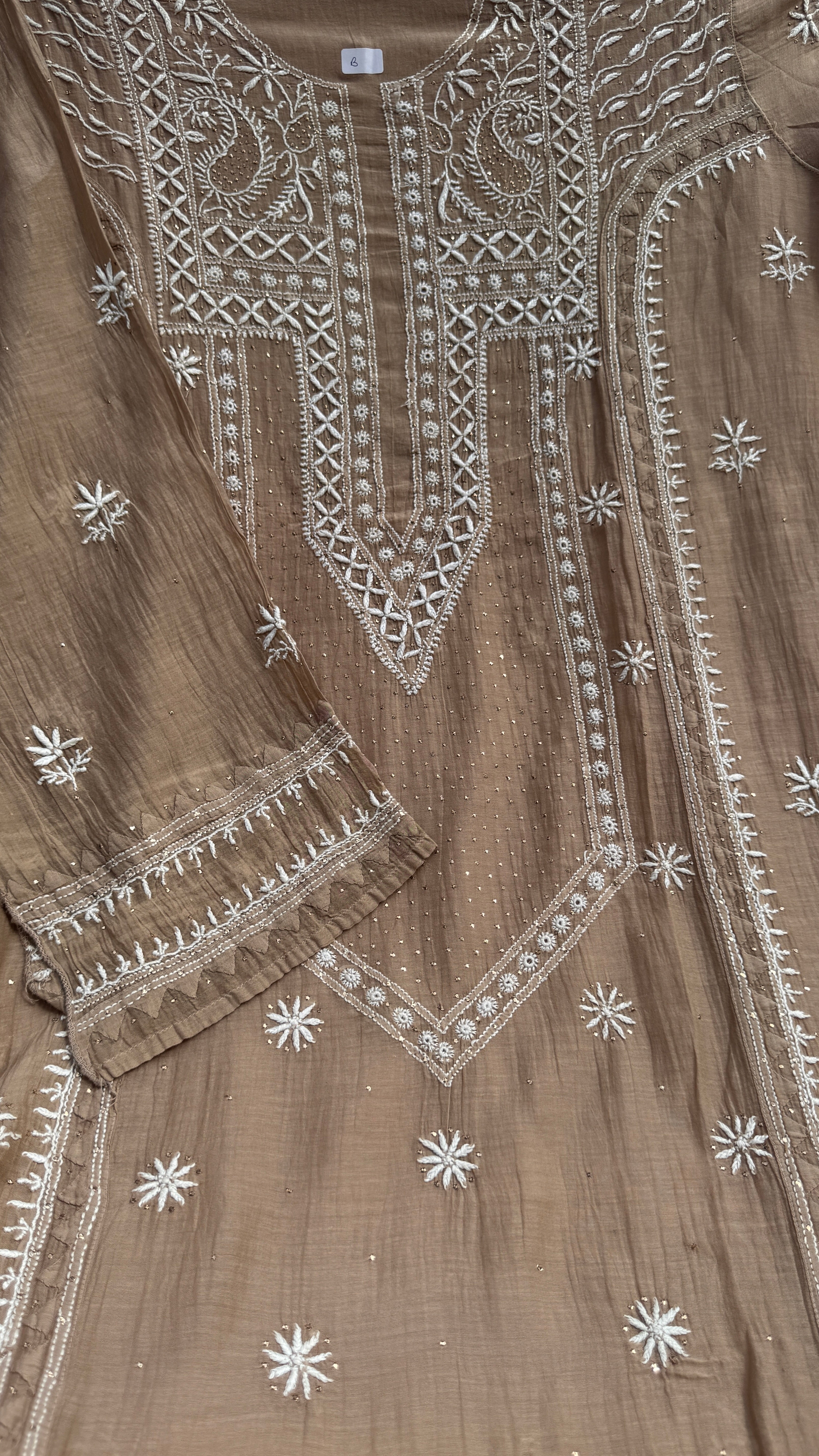 Mul Chanderi Chikankari Unstitched Length with Dupatta with Mukaish Add-On- Soft Brown