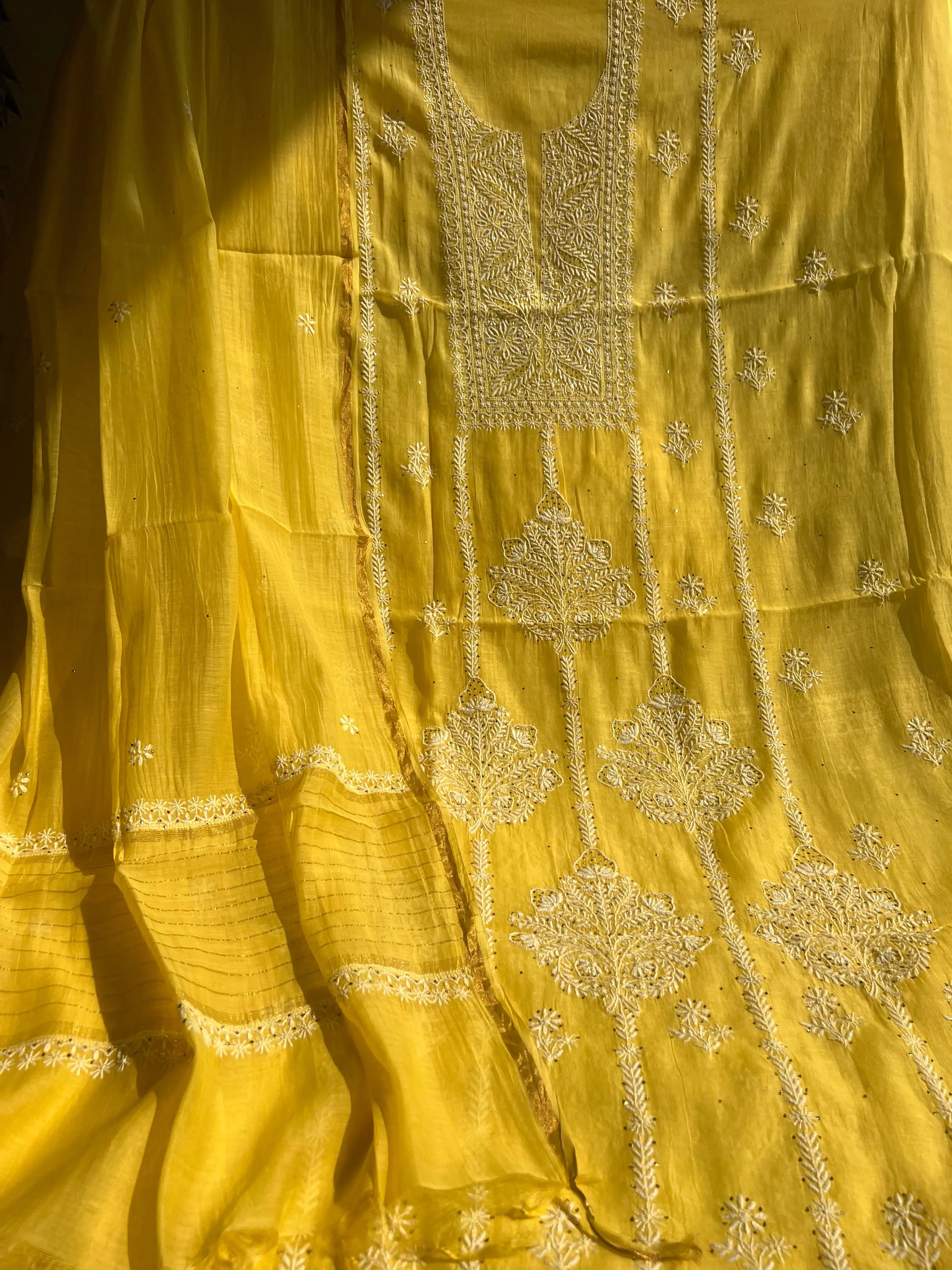 Mul Chanderi Chikankari Unstitched Length with Dupatta - Yellow ARIAA CHIKANKARI