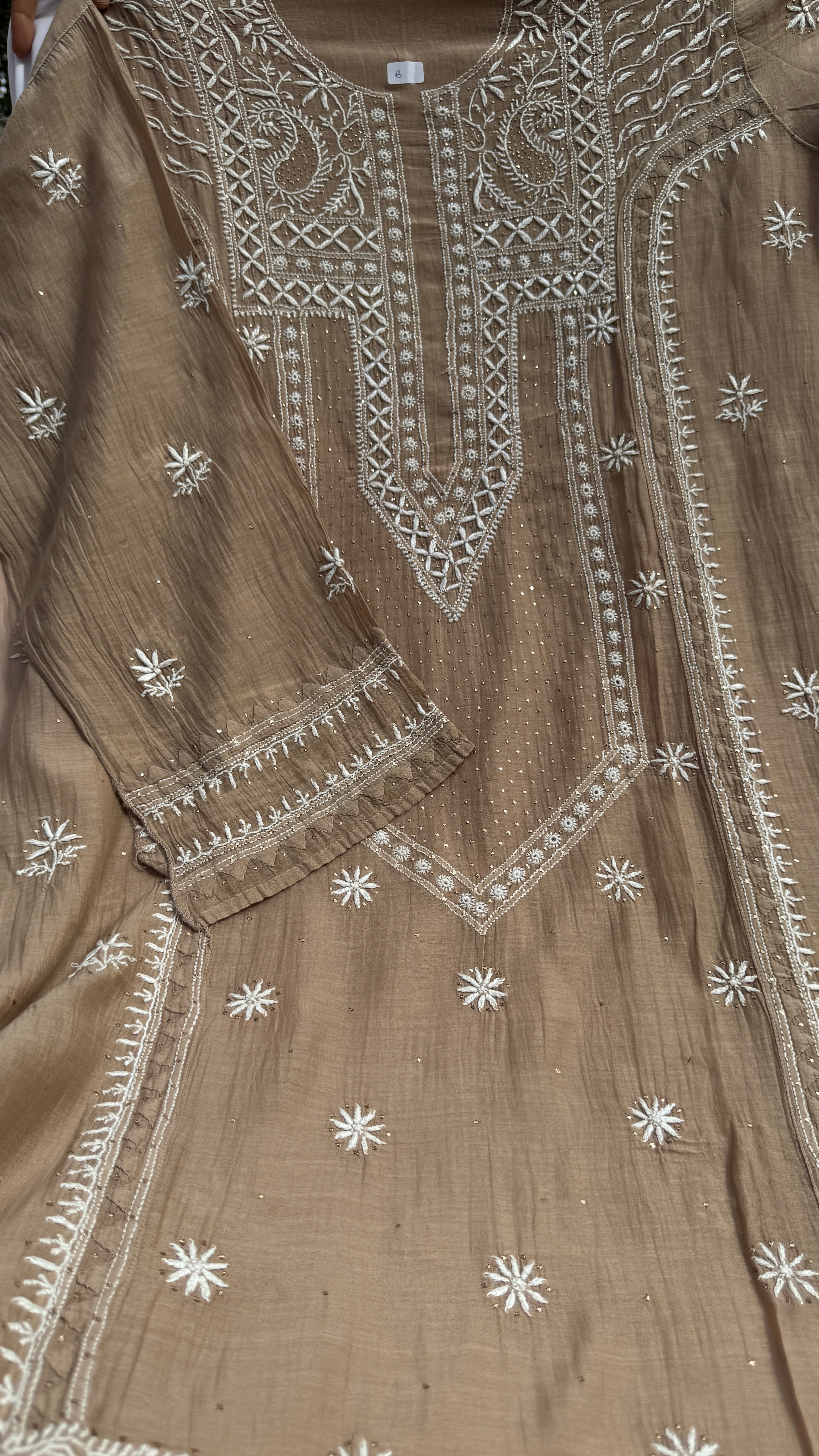 Mul Chanderi Chikankari Unstitched Length with Dupatta with Mukaish Add-On- Soft Brown