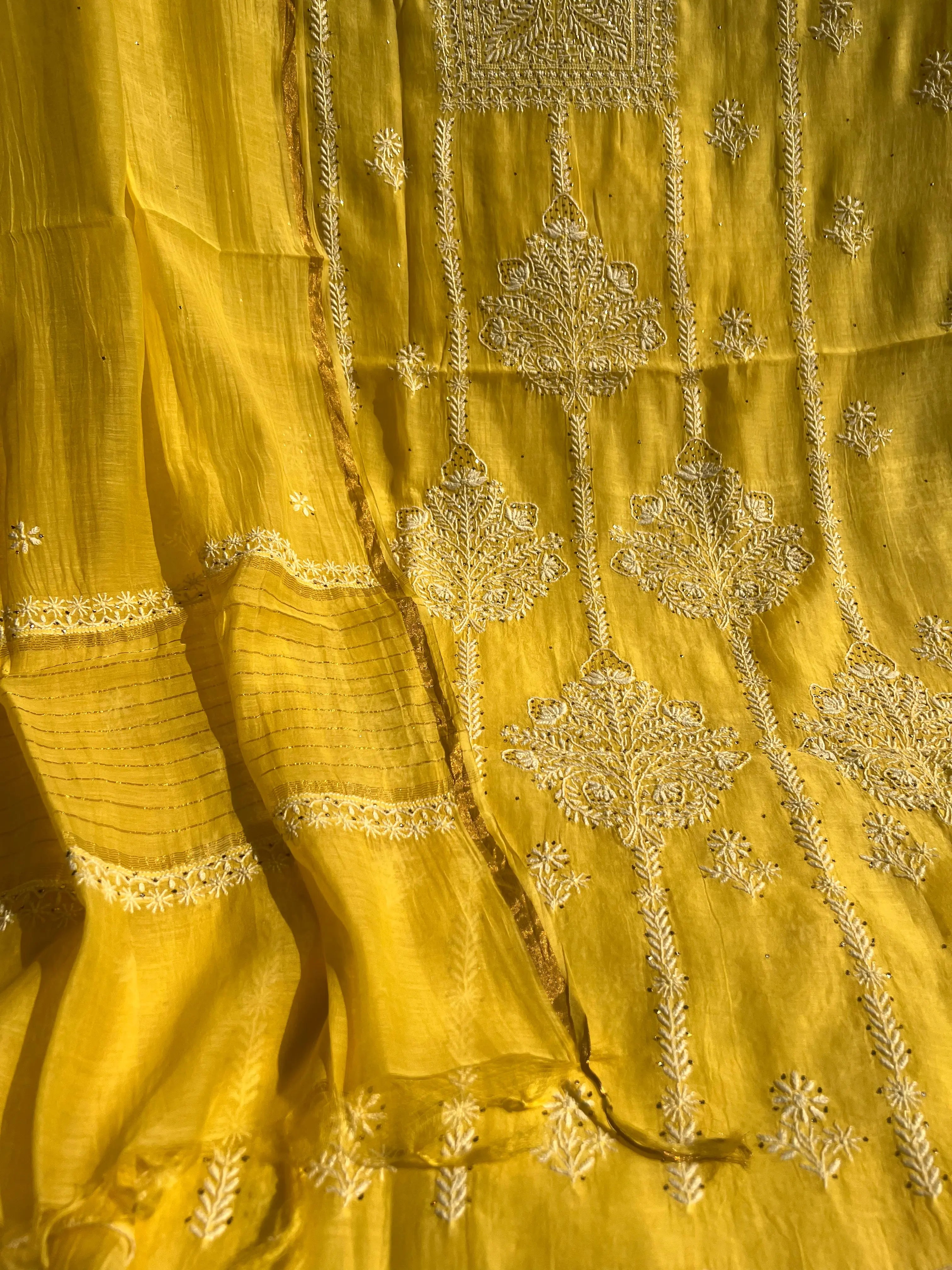 Mul Chanderi Chikankari Unstitched Length with Dupatta - Yellow ARIAA CHIKANKARI