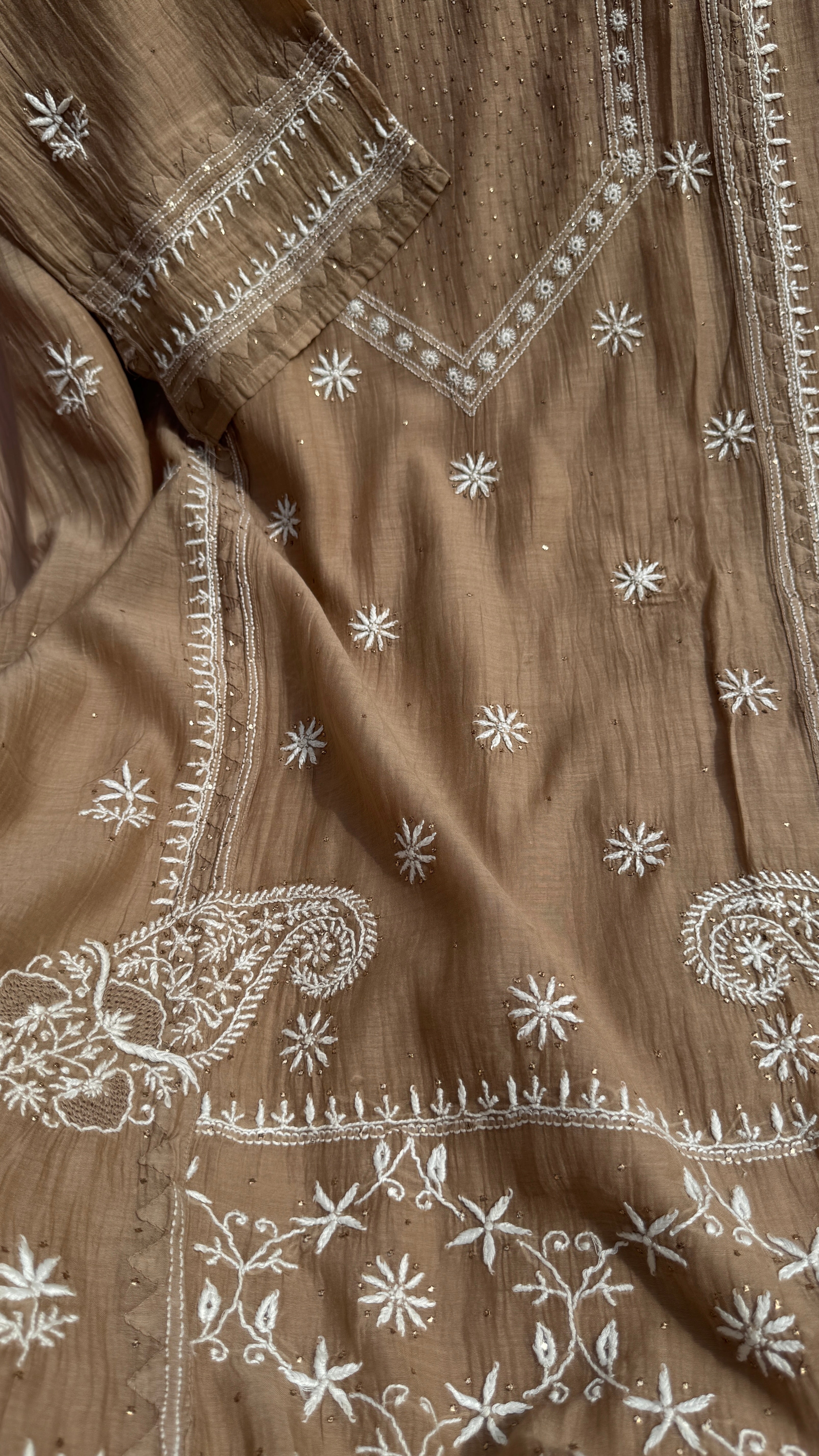 Mul Chanderi Chikankari Unstitched Length with Dupatta with Mukaish Add-On- Soft Brown