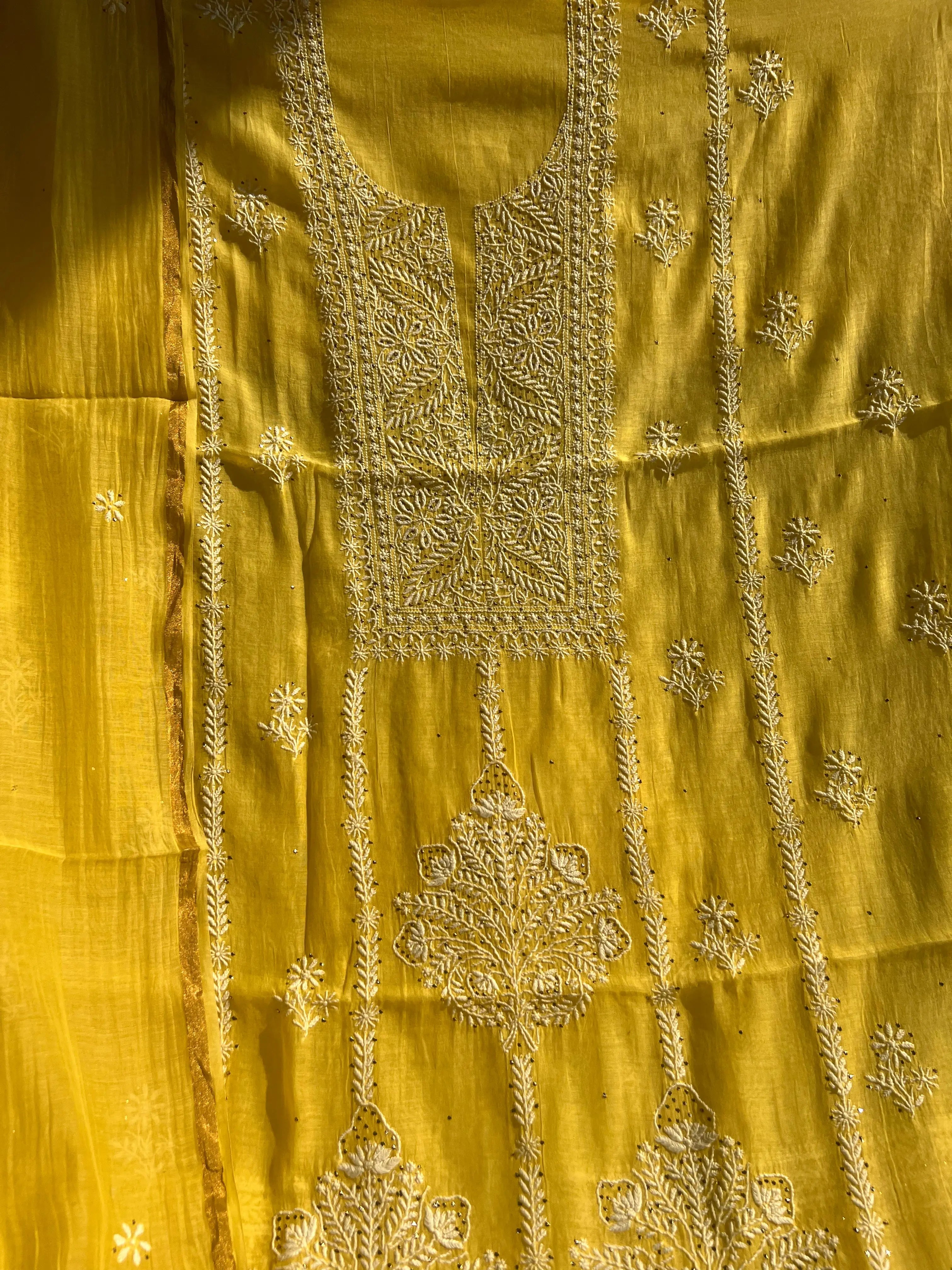 Mul Chanderi Chikankari Unstitched Length with Dupatta - Yellow ARIAA CHIKANKARI