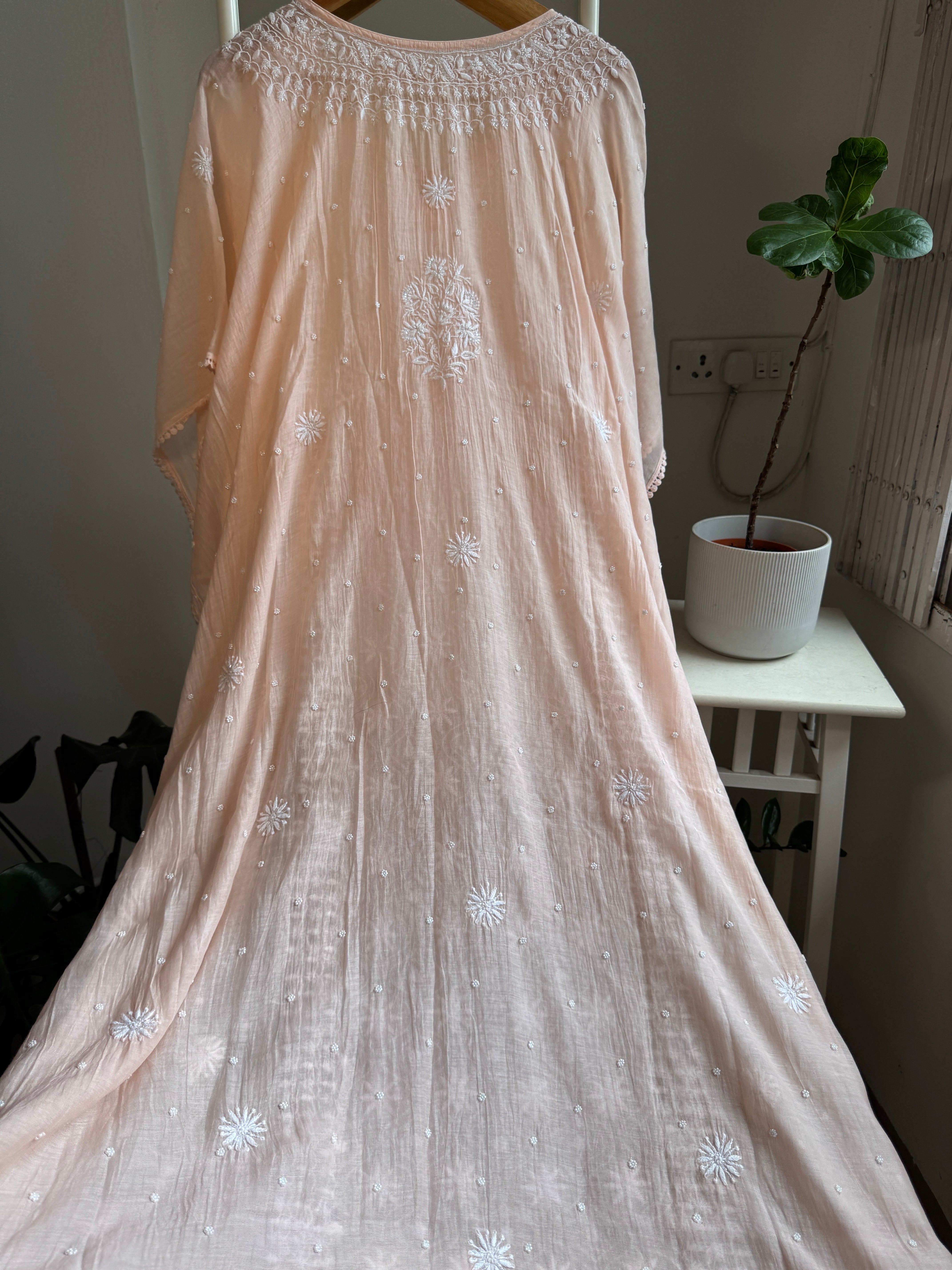 Mul Chanderi Chikankari Kaftan - Blush peach ARIAA CHIKANKARI