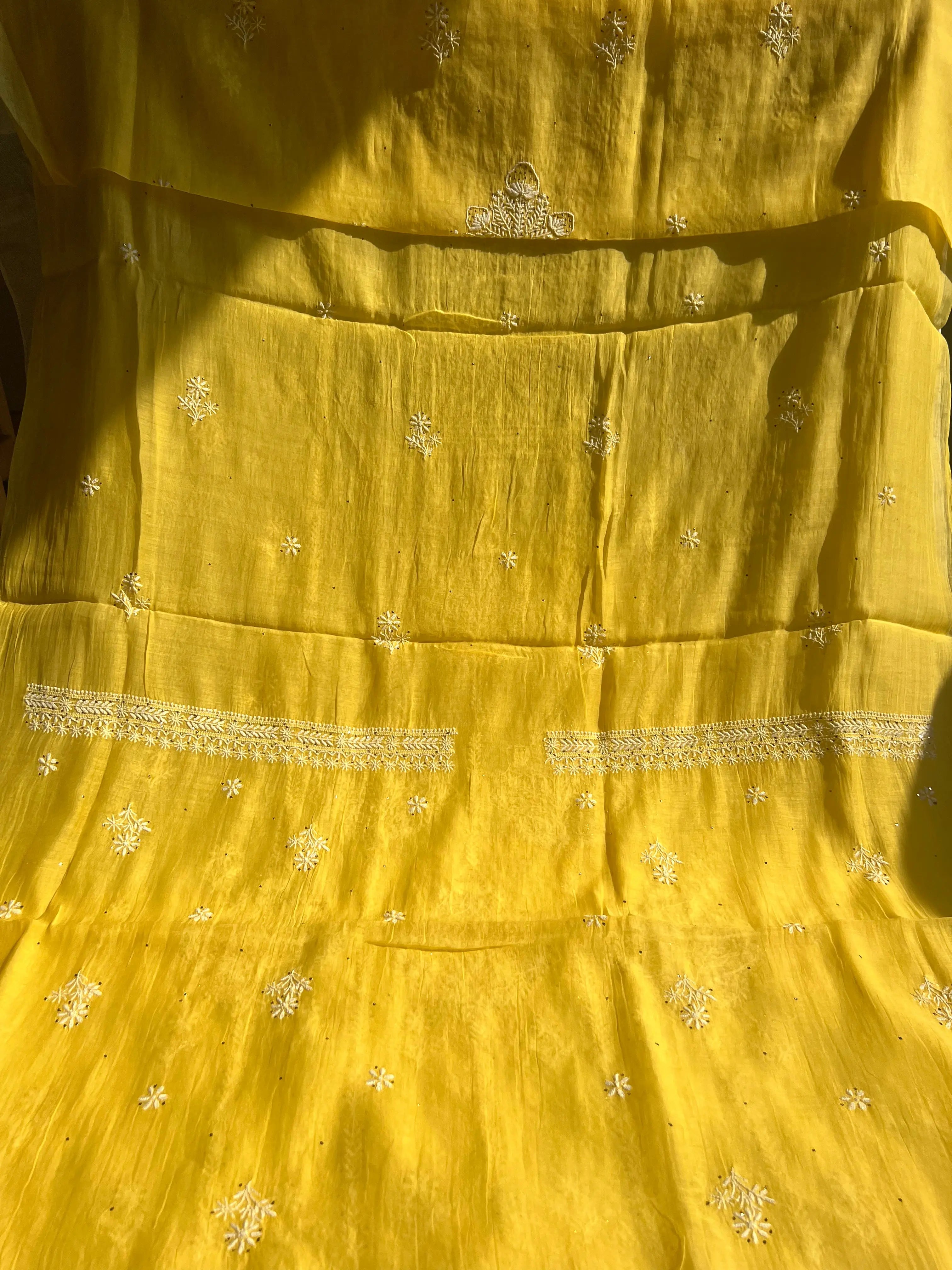 Mul Chanderi Chikankari Unstitched Length with Dupatta - Yellow ARIAA CHIKANKARI