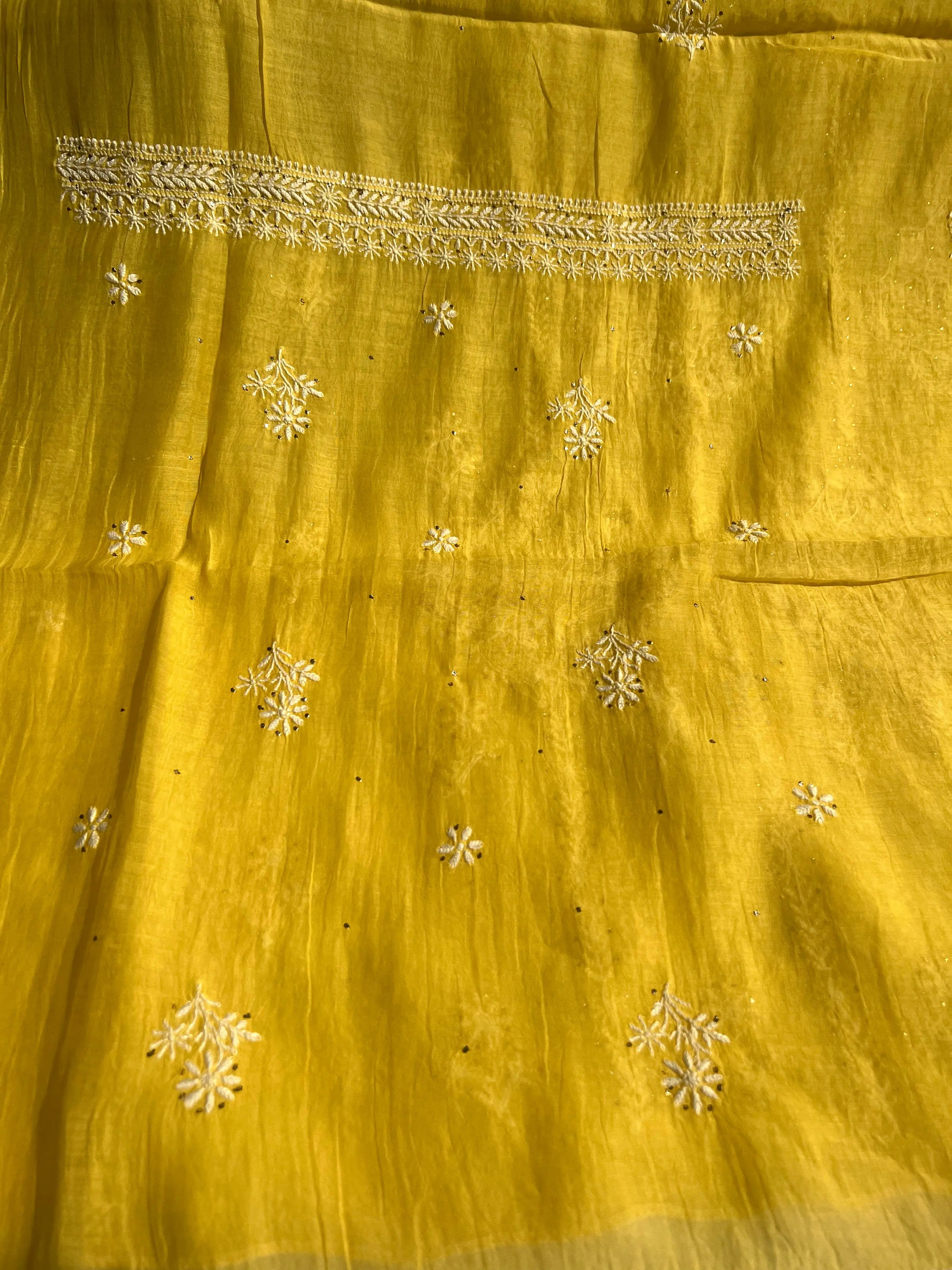 Mul Chanderi Chikankari Unstitched Length with Dupatta - Yellow ARIAA CHIKANKARI