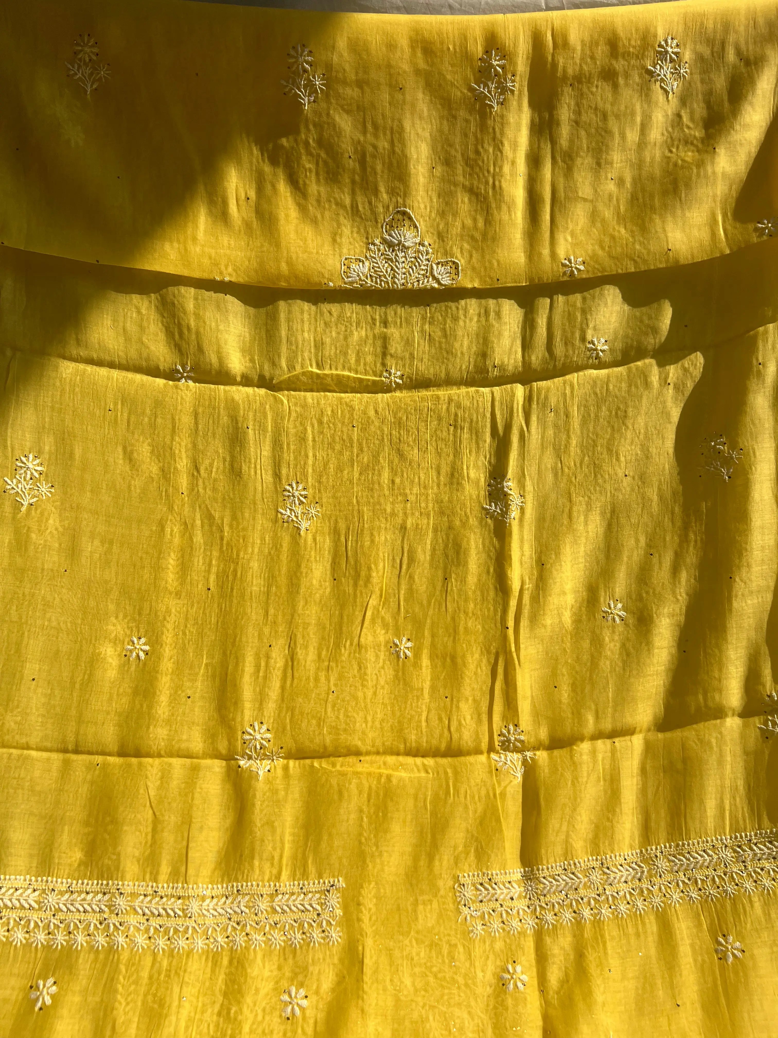 Mul Chanderi Chikankari Unstitched Length with Dupatta - Yellow ARIAA CHIKANKARI