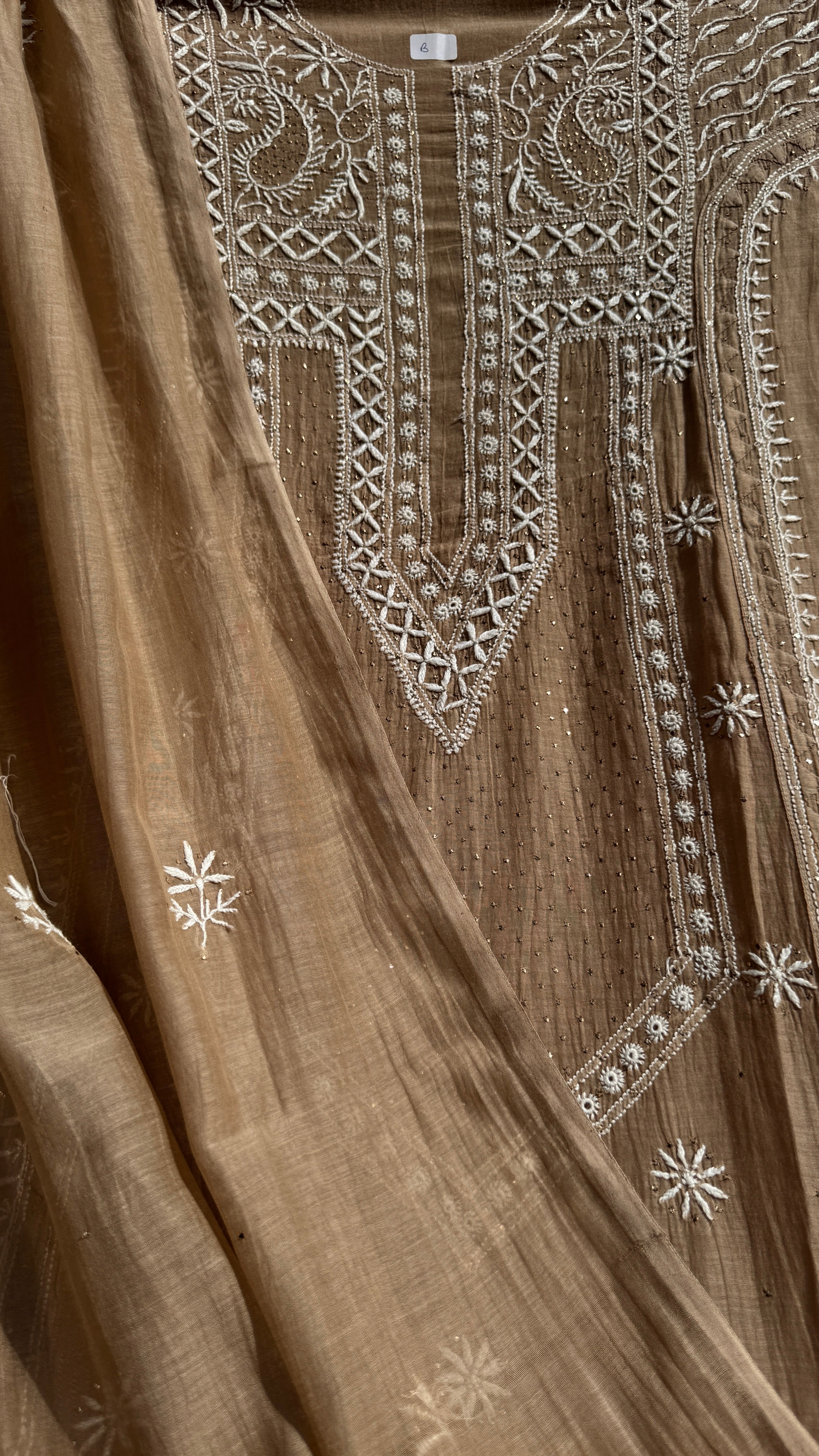 Mul Chanderi Chikankari Unstitched Length with Dupatta with Mukaish Add-On- Soft Brown