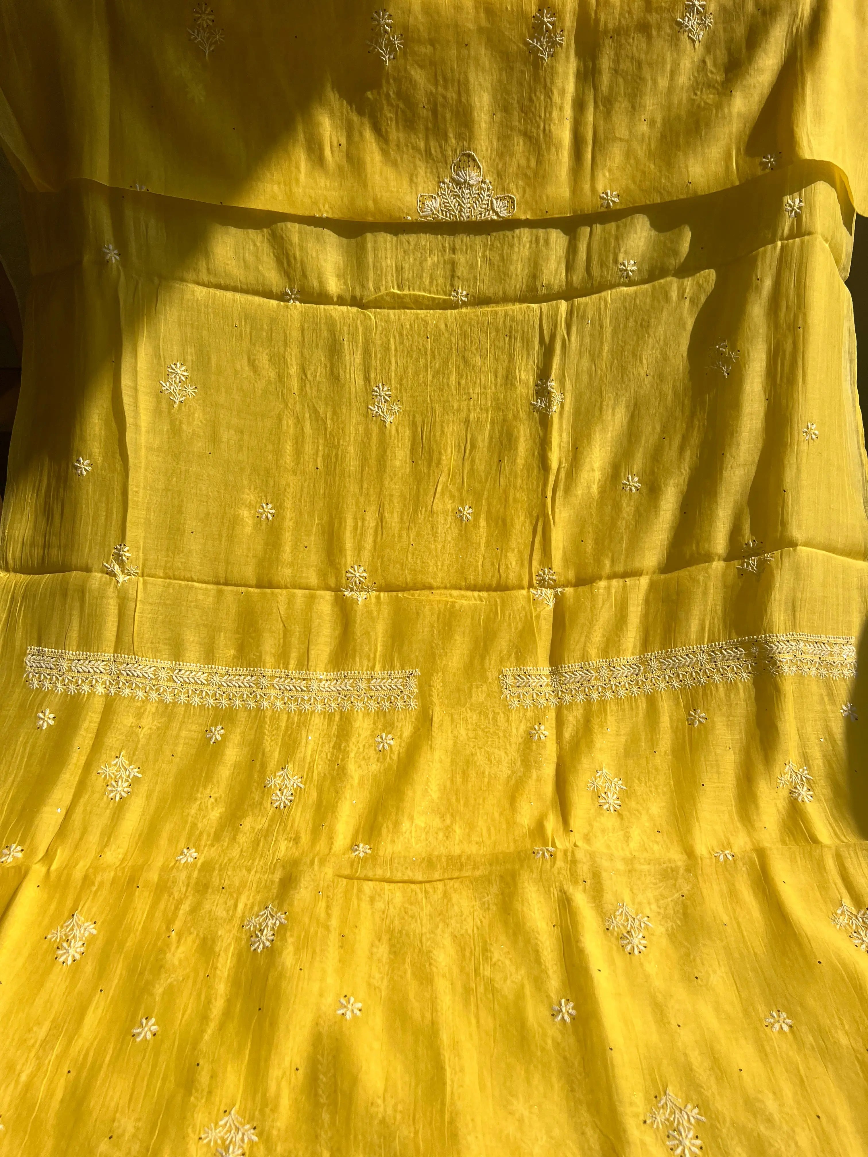 Mul Chanderi Chikankari Unstitched Length with Dupatta - Yellow ARIAA CHIKANKARI