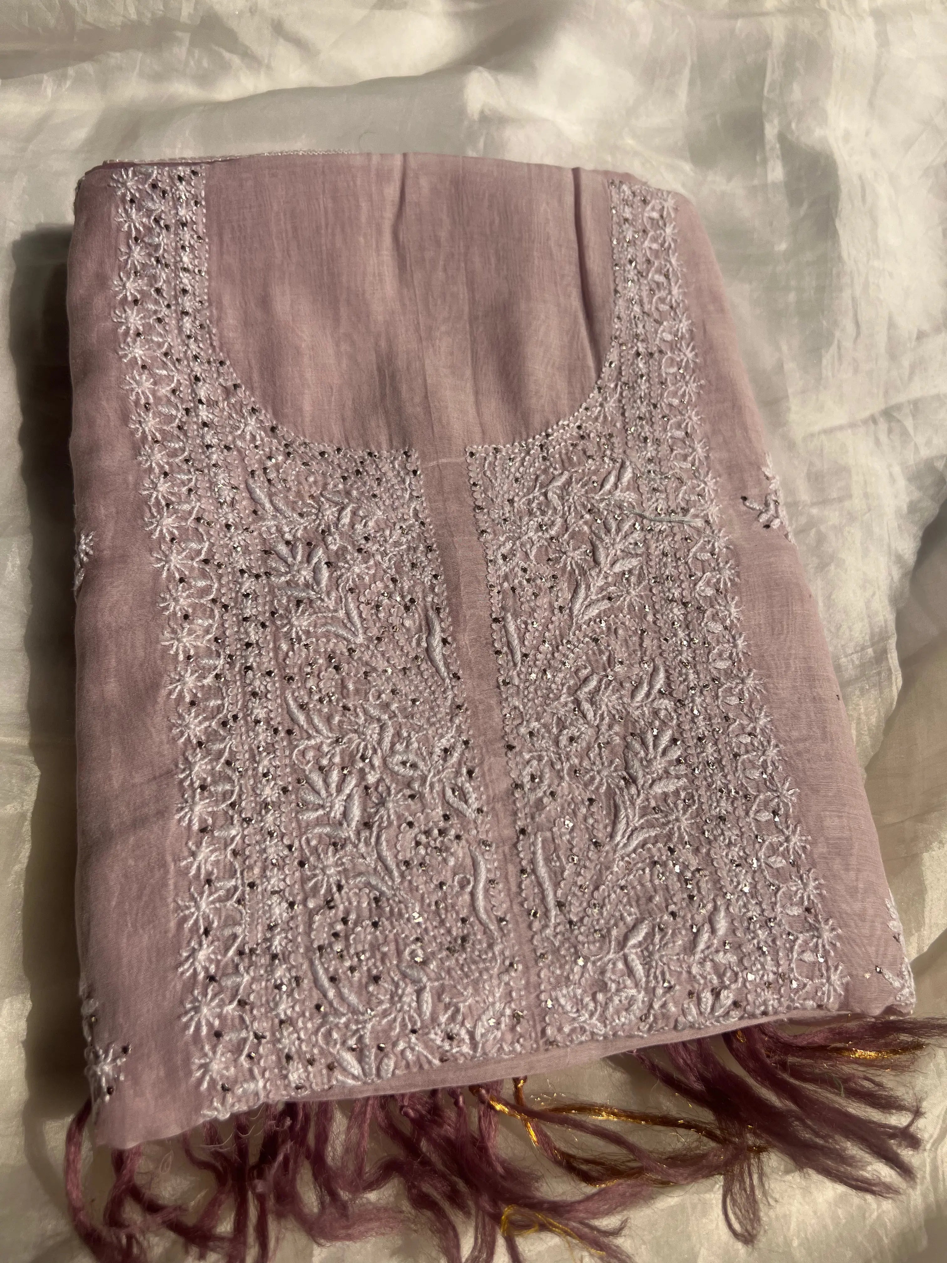 Mul Chanderi Chikankari Unstitched Length with Dupatta - Mauve Ombre ARIAA CHIKANKARI